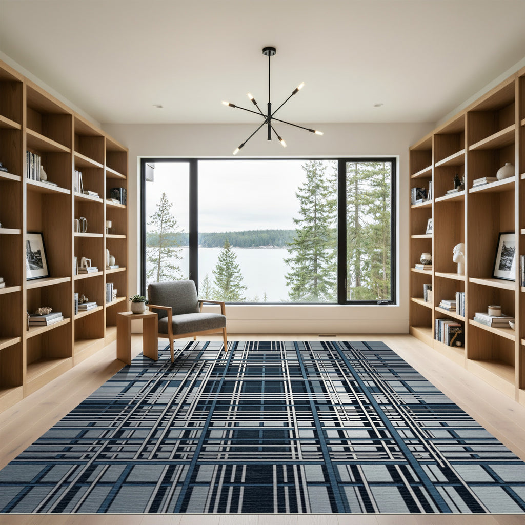 Modern Blue White Geometric Grid Rug
