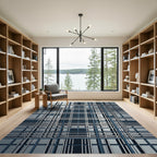 Modern Blue White Geometric Grid Rug