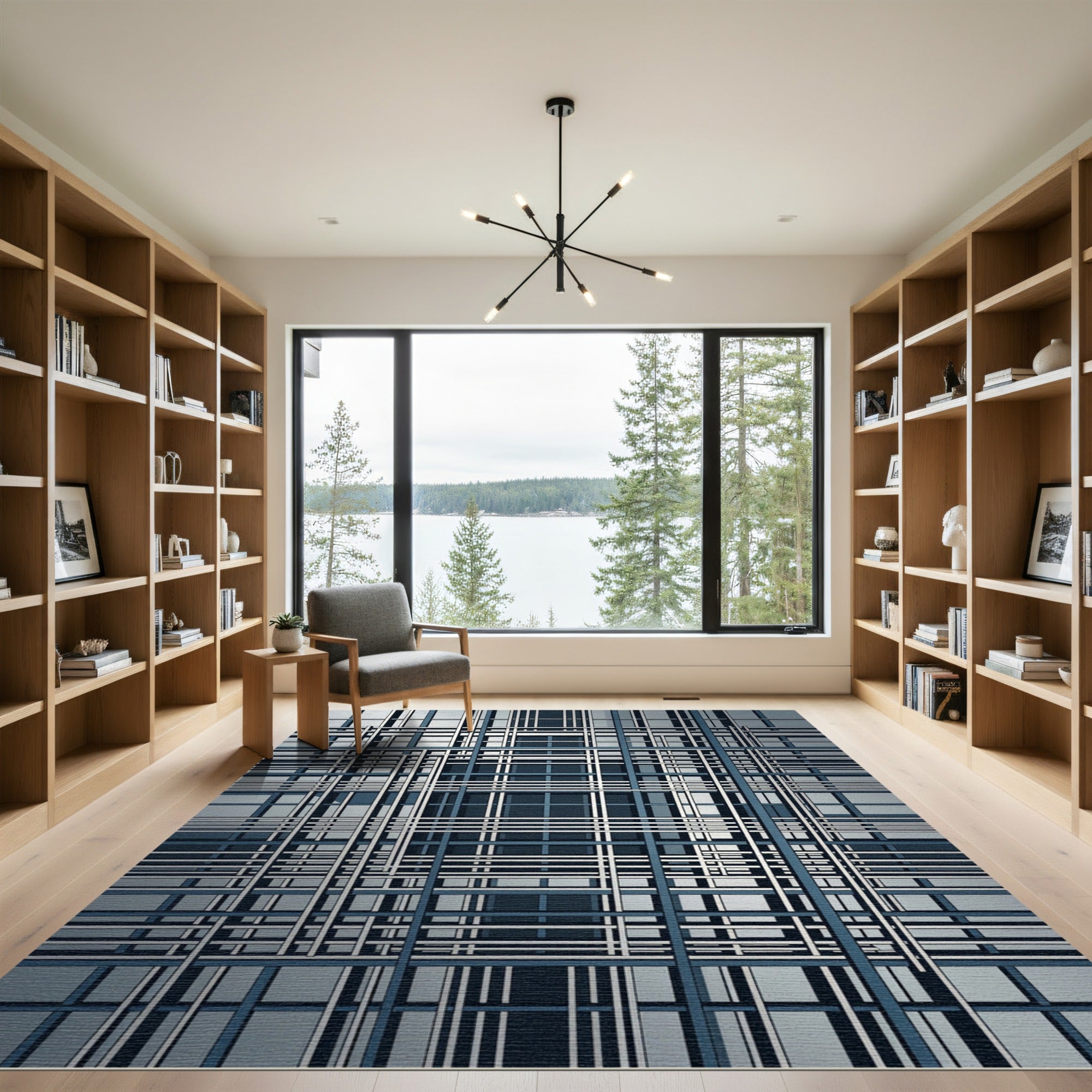 Modern Blue White Geometric Grid Rug