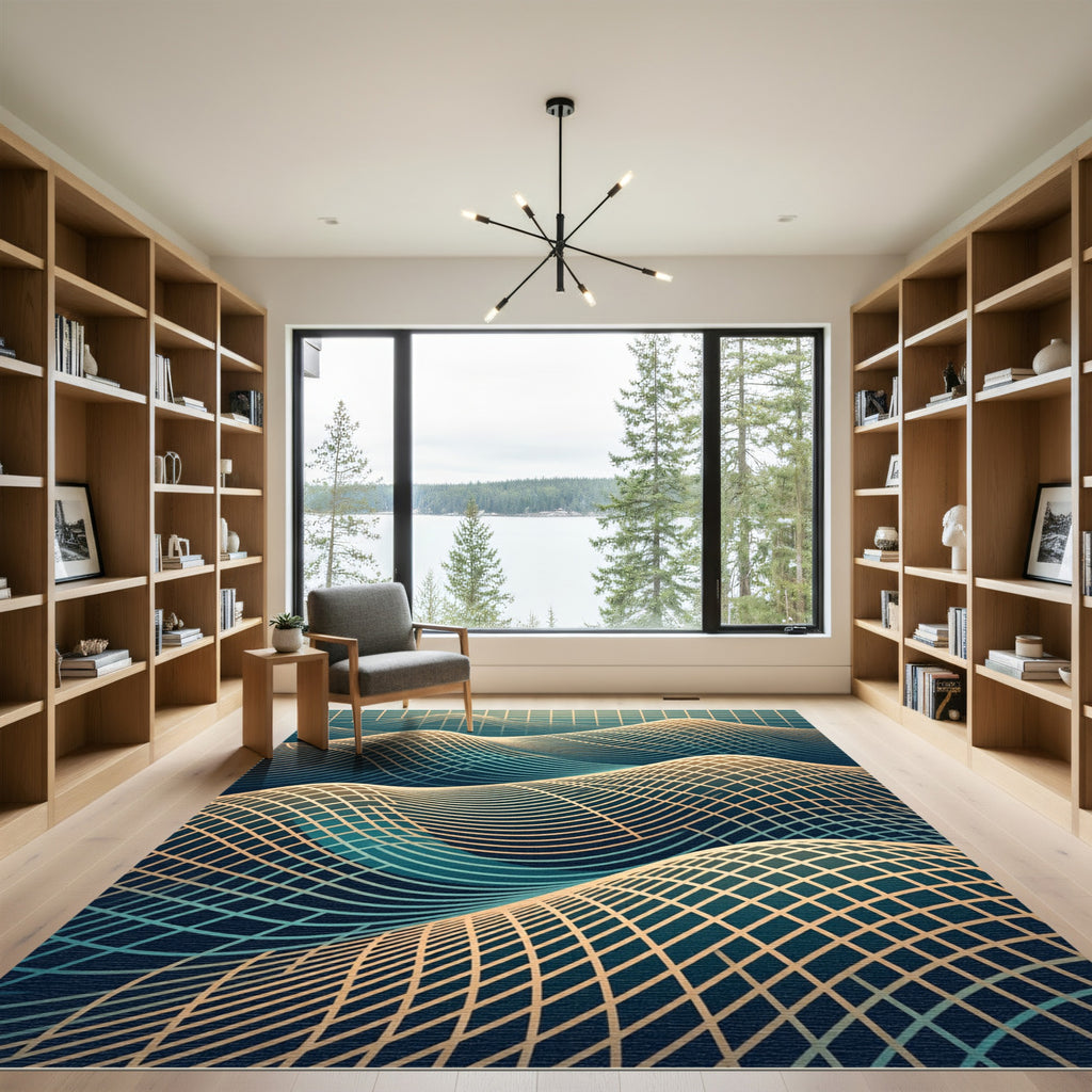 Golden Grid Wave Abstract Teal Rug