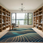 Golden Grid Wave Abstract Teal Rug