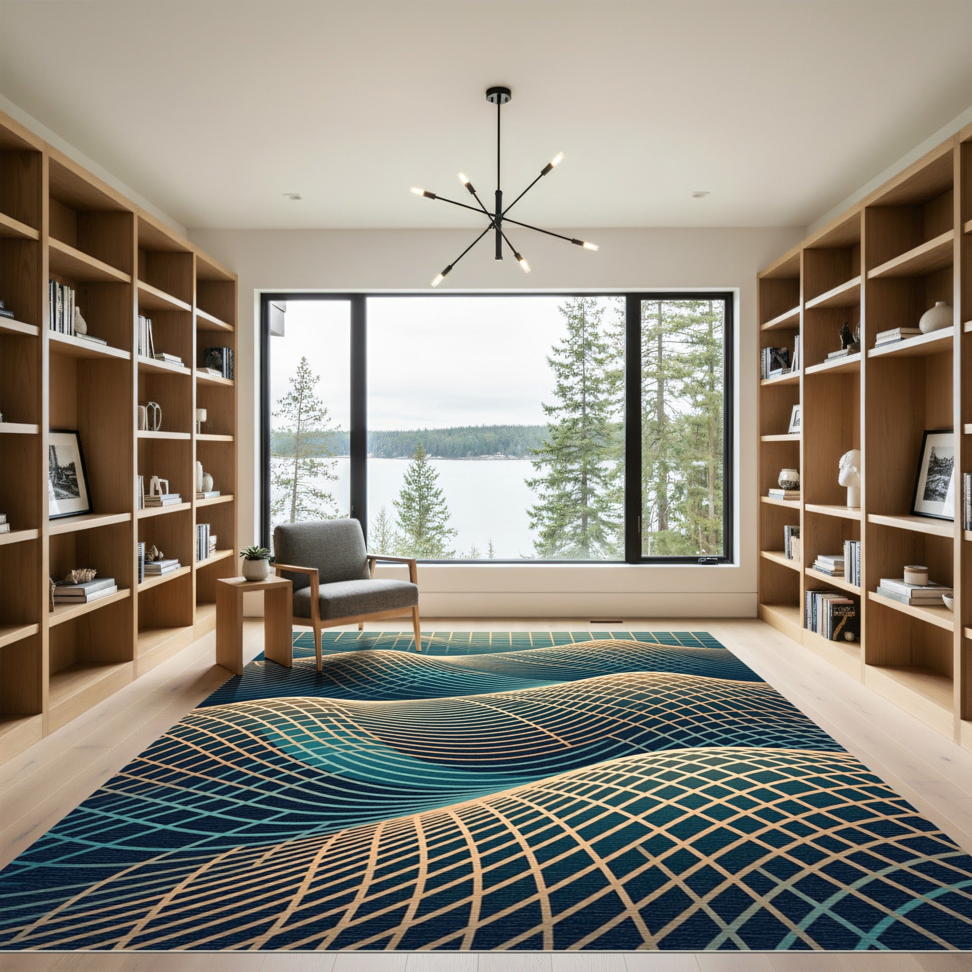Golden Grid Wave Abstract Teal Rug