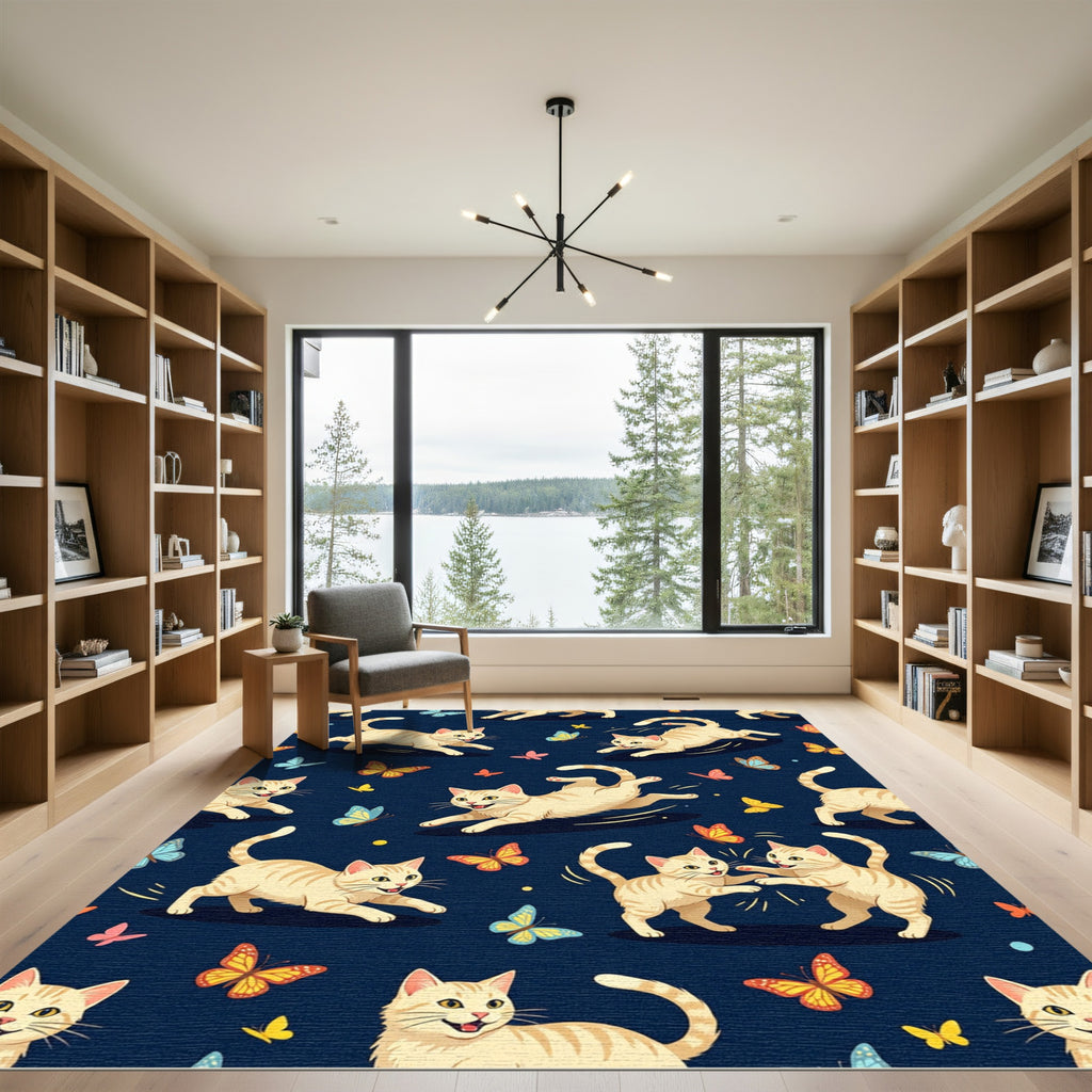 Playful Kittens Butterflies Blue Background Rug