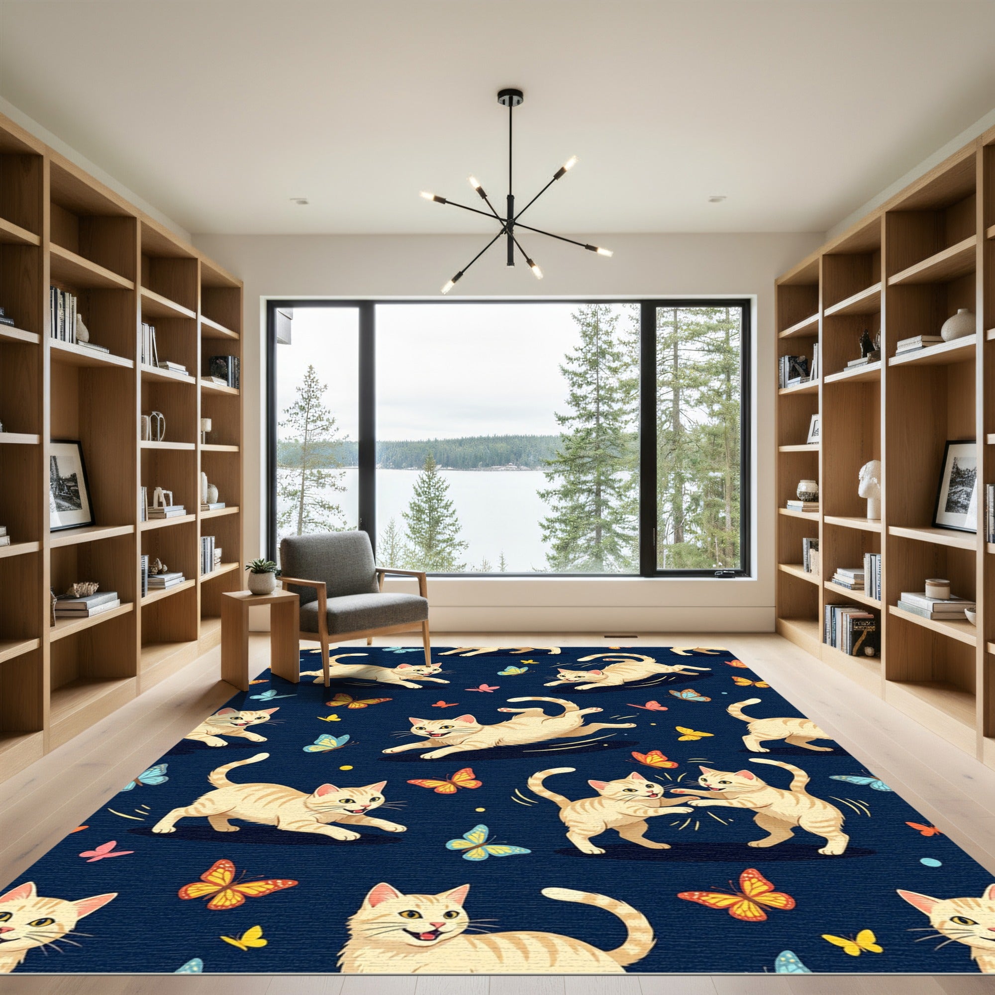 Playful Kittens Butterflies Blue Background Rug