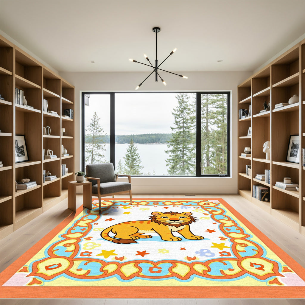 Orange Bordered Lion Cub Playful Stars Rug