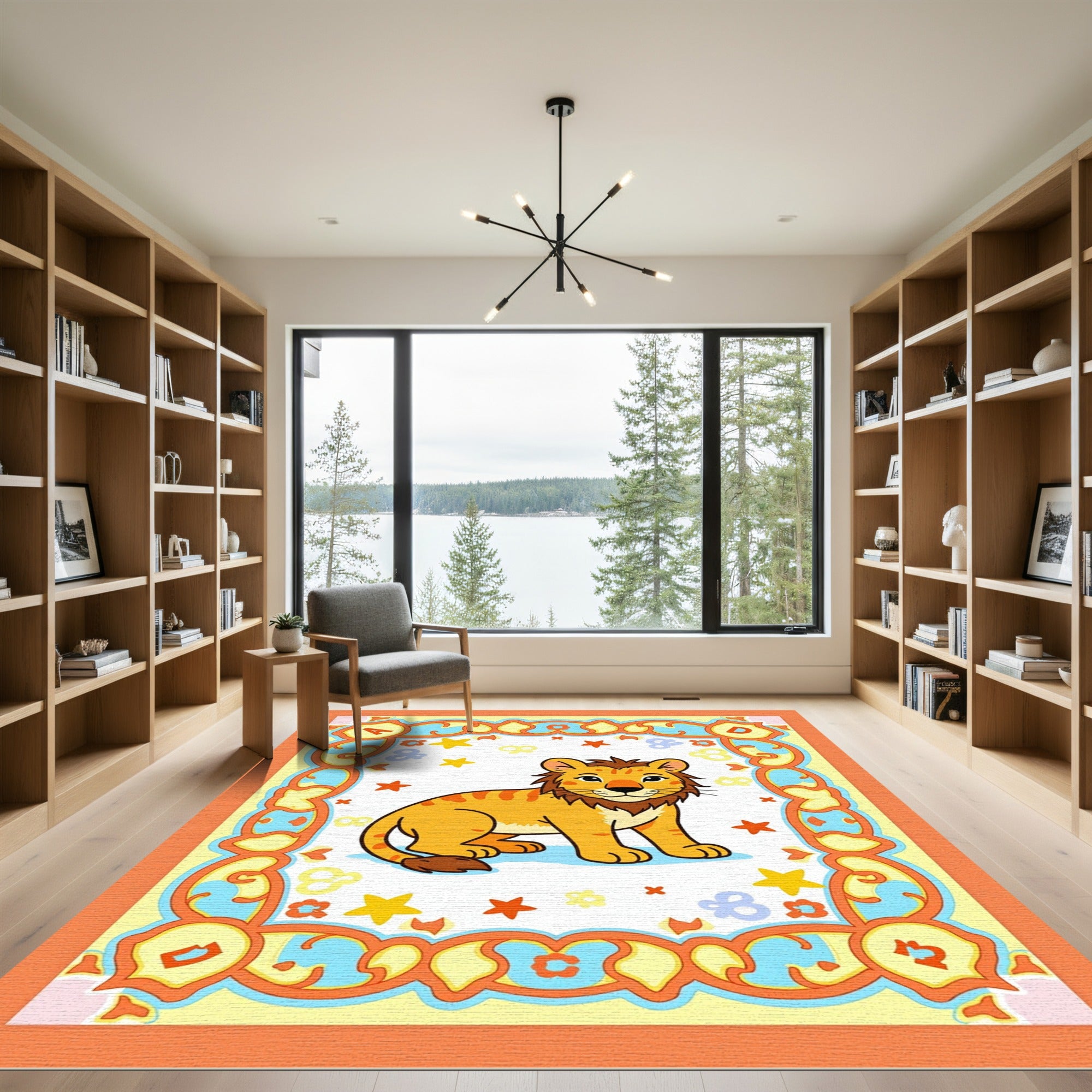 Orange Bordered Lion Cub Playful Stars Rug