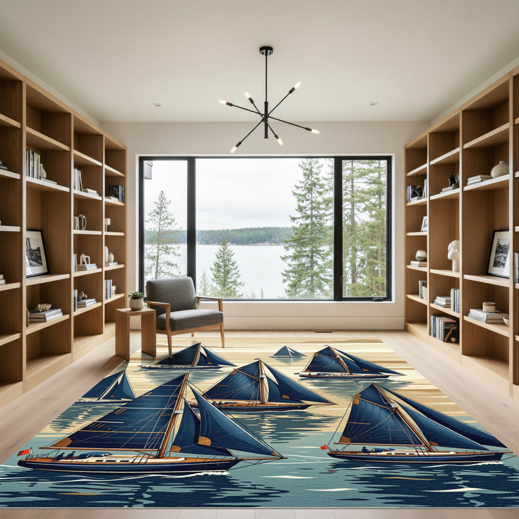 Classic Navy Nautical Sailboat Landscape Rug