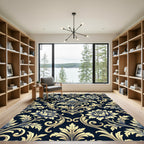 Elegant Gold Floral Damask Navy Backdrop Rug
