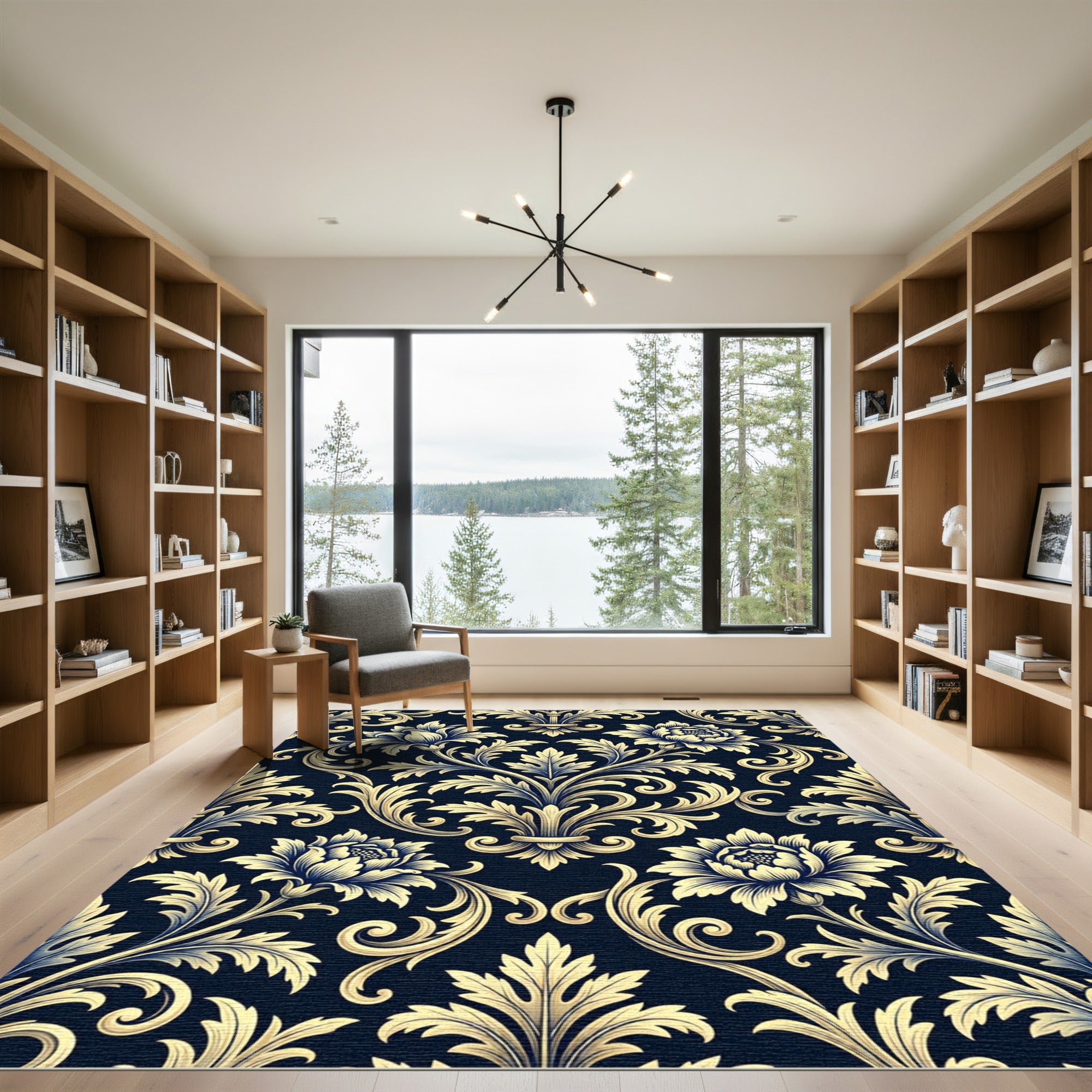 Elegant Gold Floral Damask Navy Backdrop Rug
