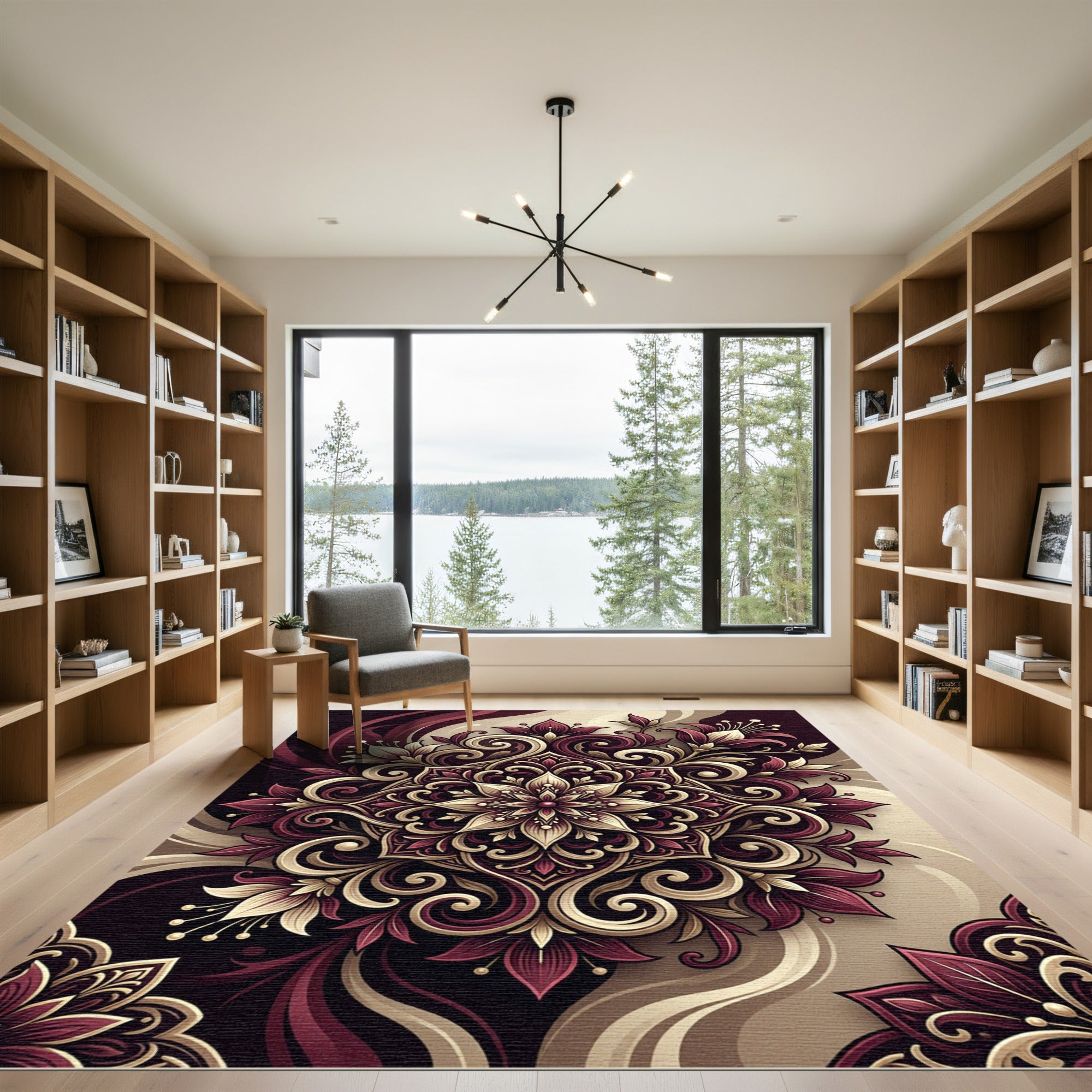 Rich Burgundy Floral Swirl Mandala Rug