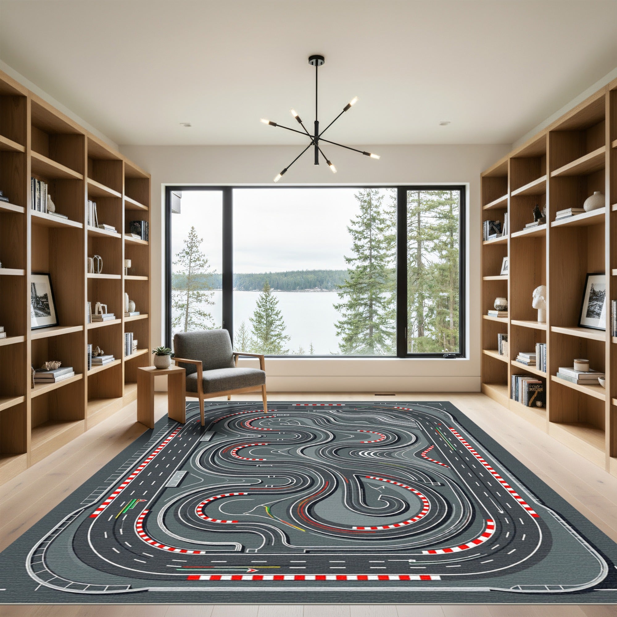 Abstract Monochrome Racetrack Circuit Grid Rug