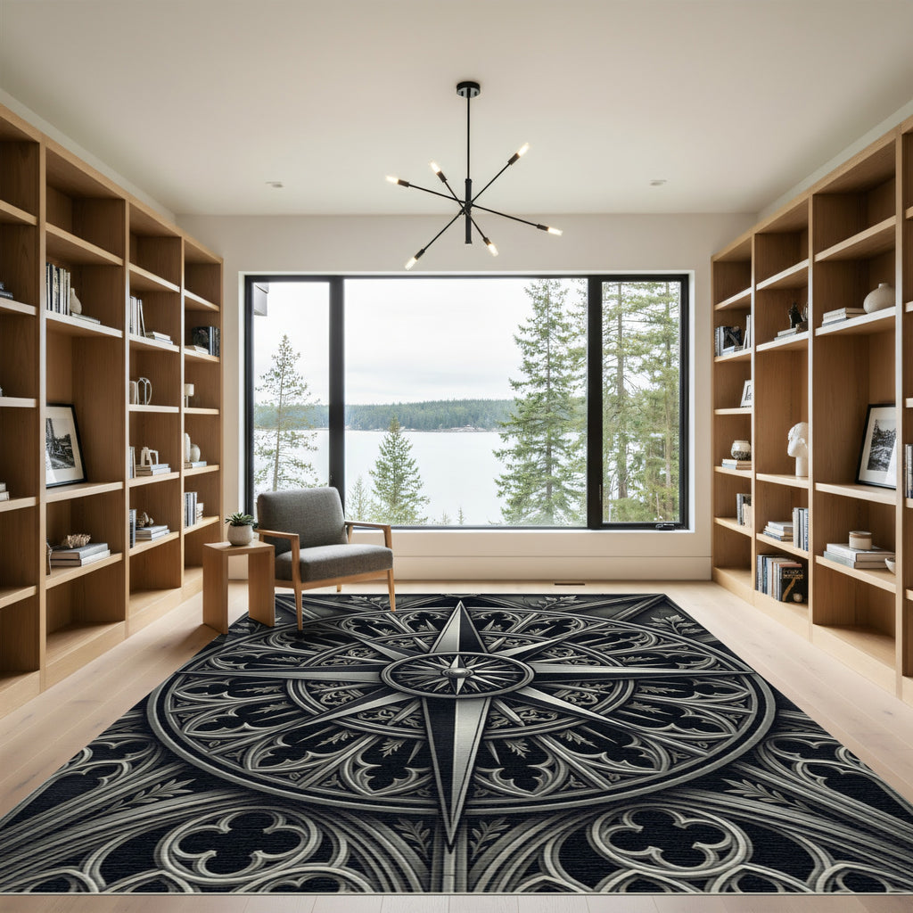 Gothic Silver Compass Star Medallion Rug