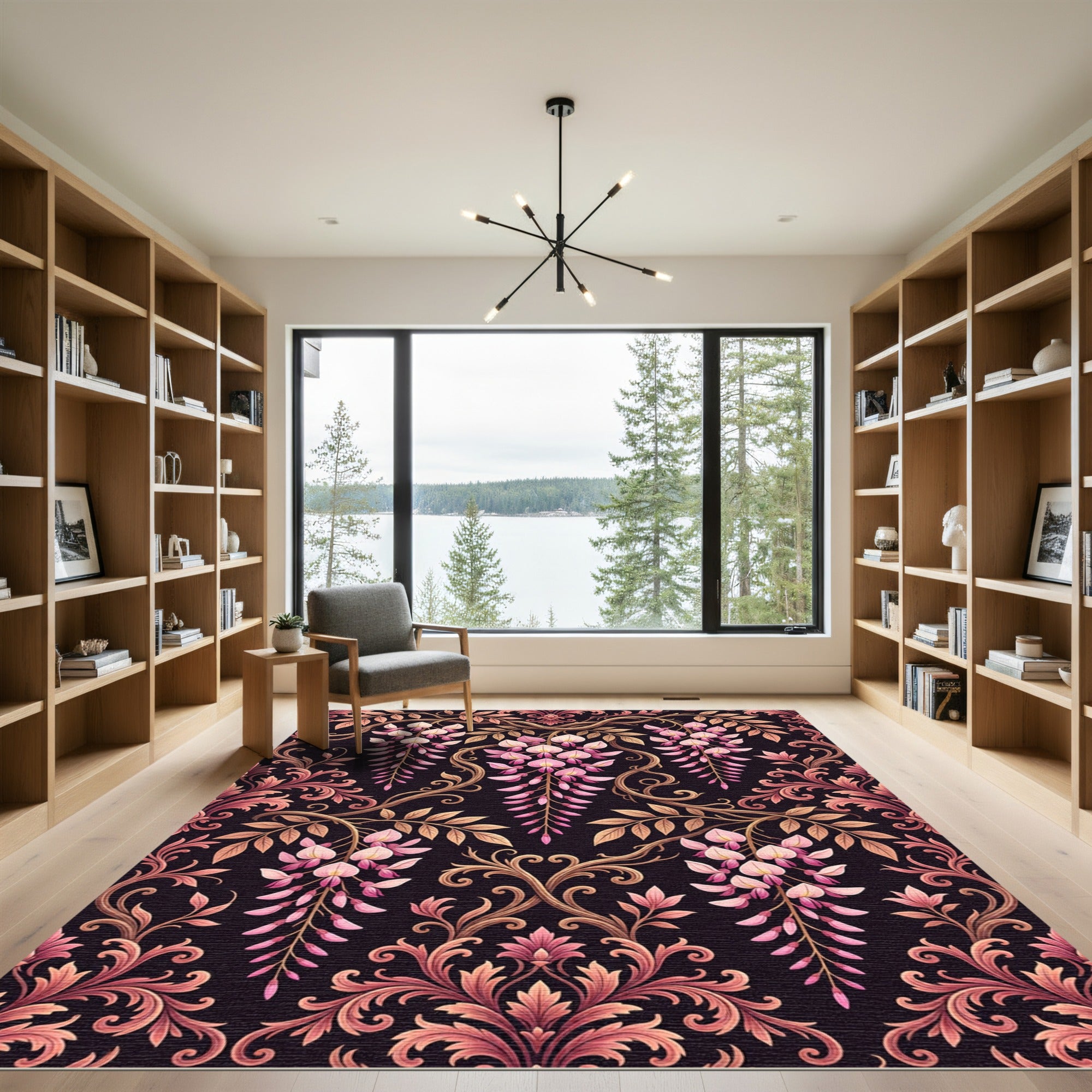 Elegant Pink Wisteria Floral Damask Rug