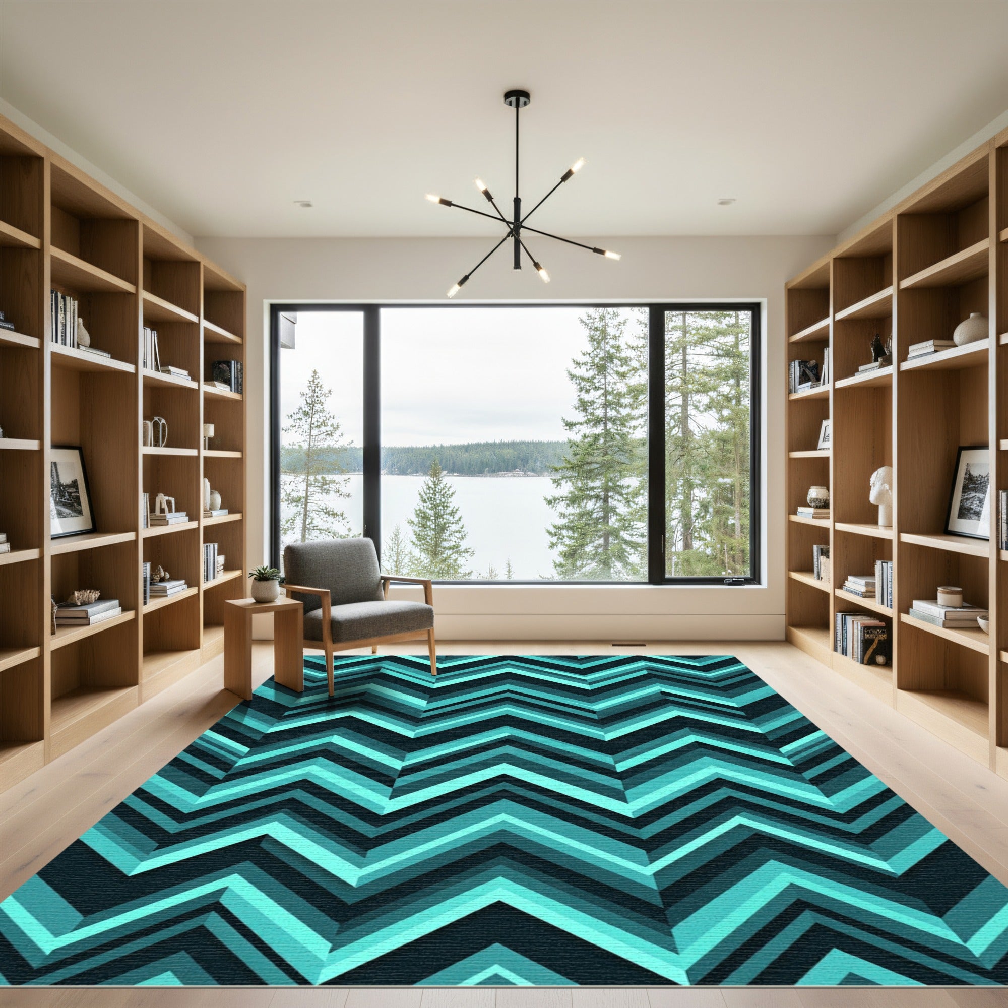 Modern Turquoise Geometric Chevron Zigzag Rug