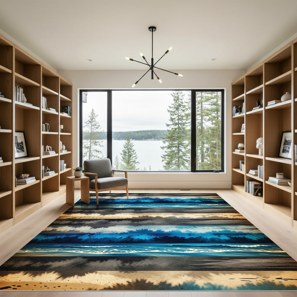 Ethereal Blue Coastal Linear Ocean Wave Rug