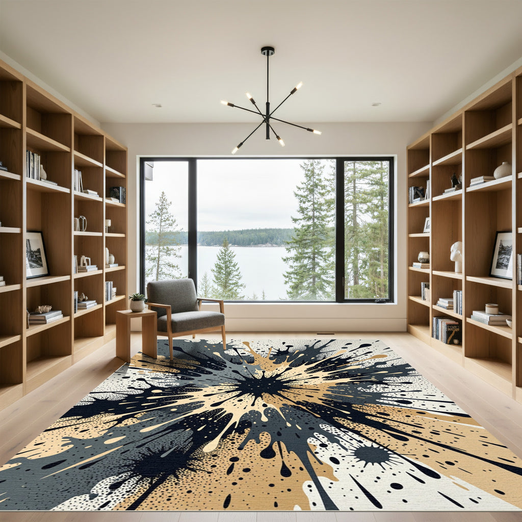 Abstract Splatter Burst Black Gold Grey Rug