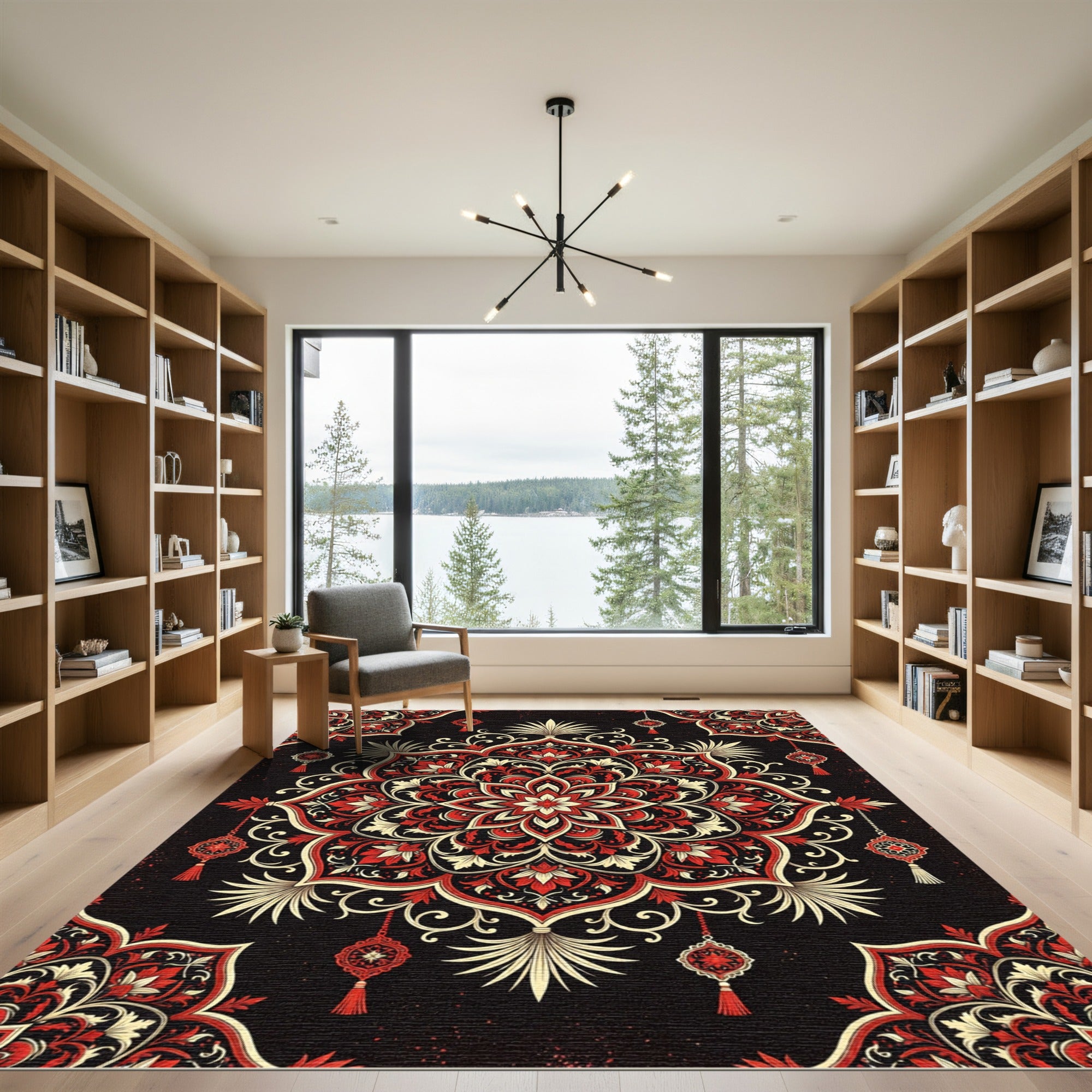 Crimson Floral Mandala with Hanging Ornaments Rug
