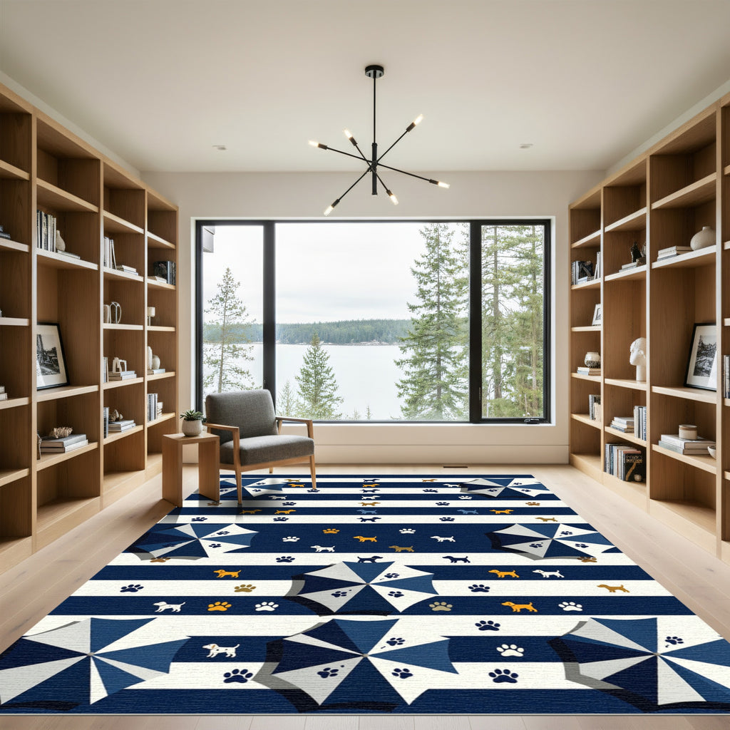 Whimsical Navy Striped Puppy Umbrella Rug