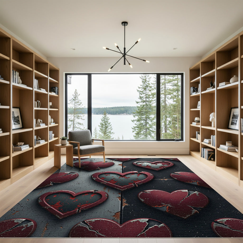 Cracked Hearts Red Metal Background Rug