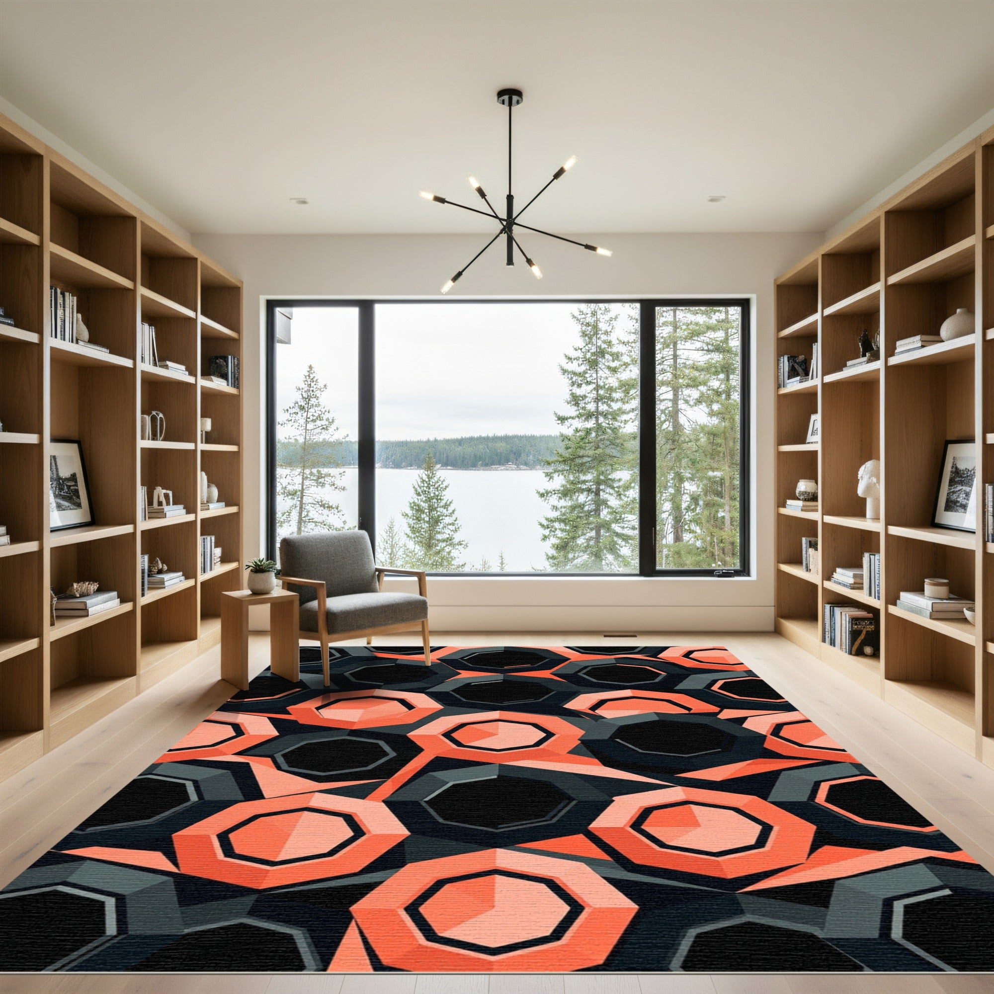 Geometric Hexagon Coral and Charcoal Tile Rug