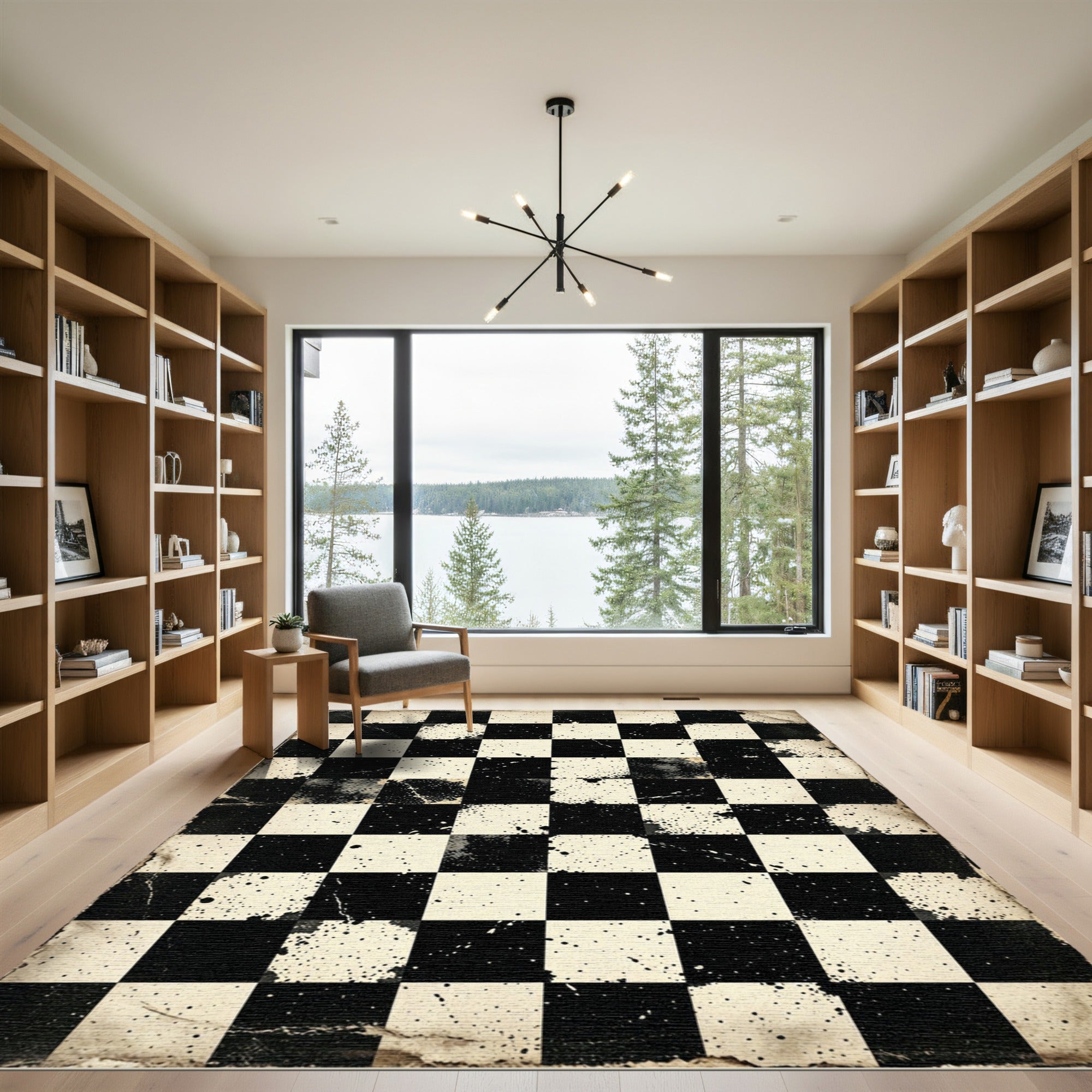 Distressed Black White Chessboard Splatter Rug