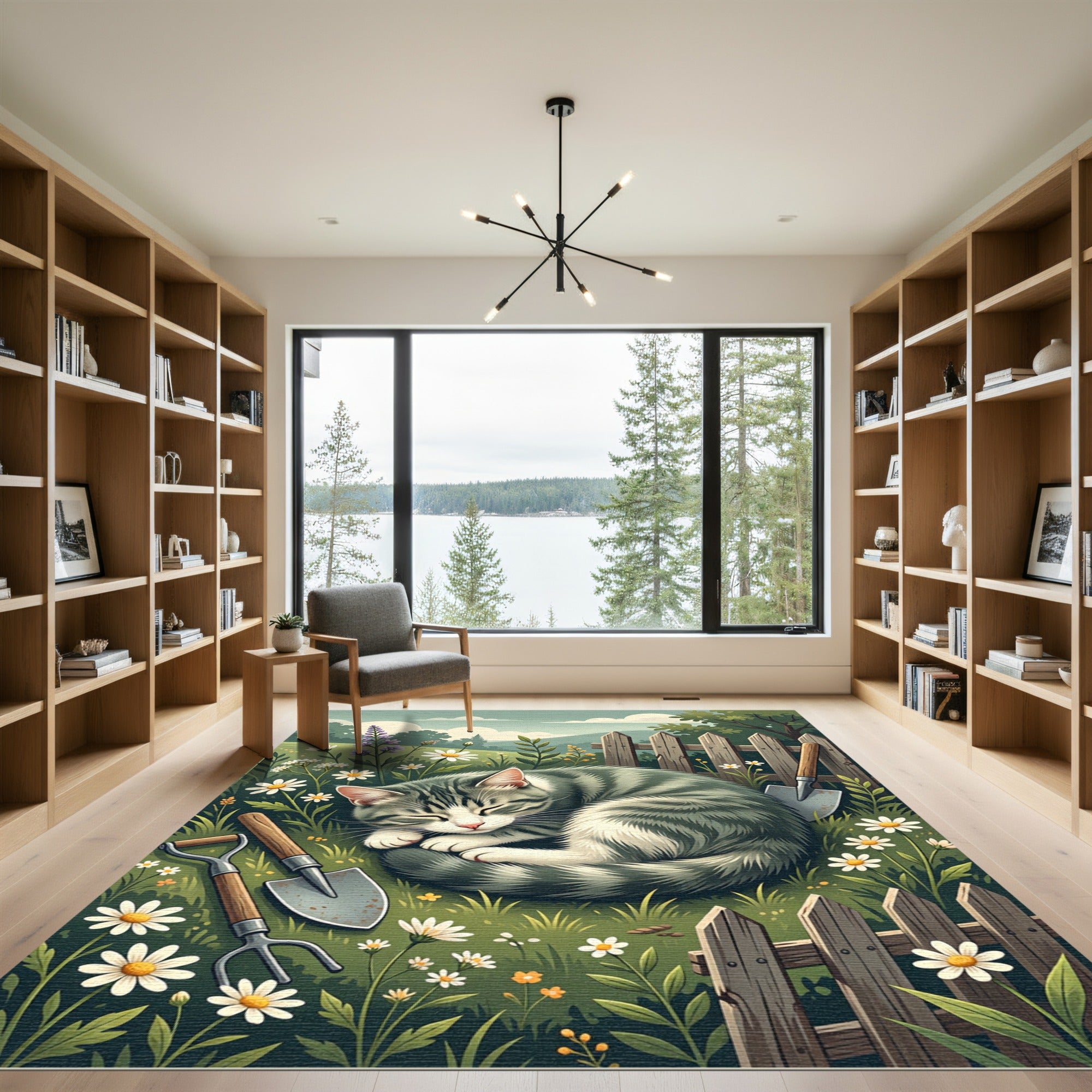 Whimsical Garden Cat Sleeping Among Daisies Rug