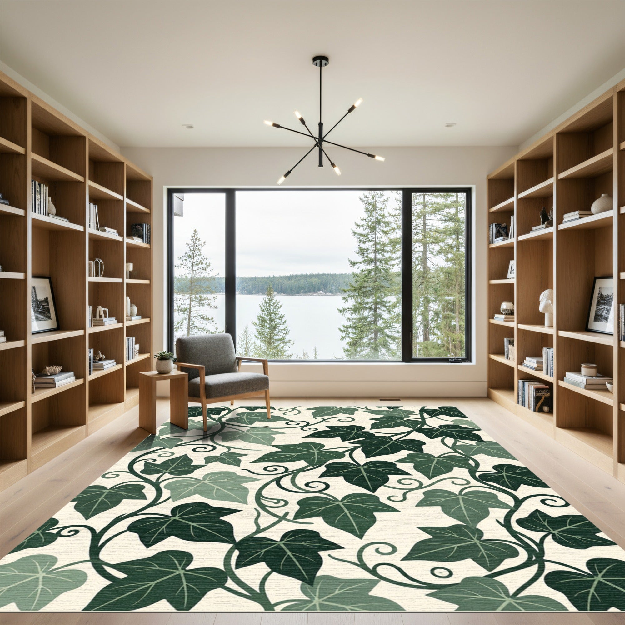 Lush Emerald Ivy Leaf Botanical Scroll Rug