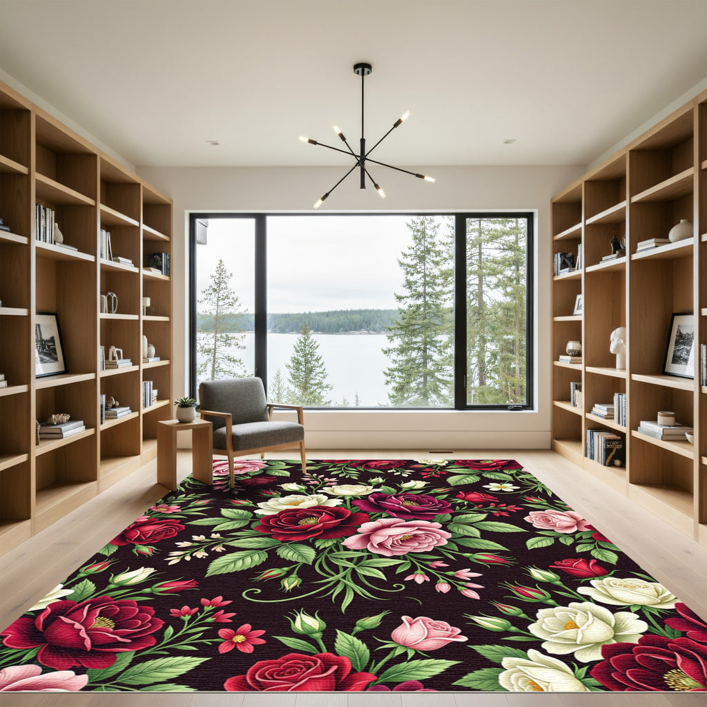 Rich Red Plum Rose Bouquet Rug