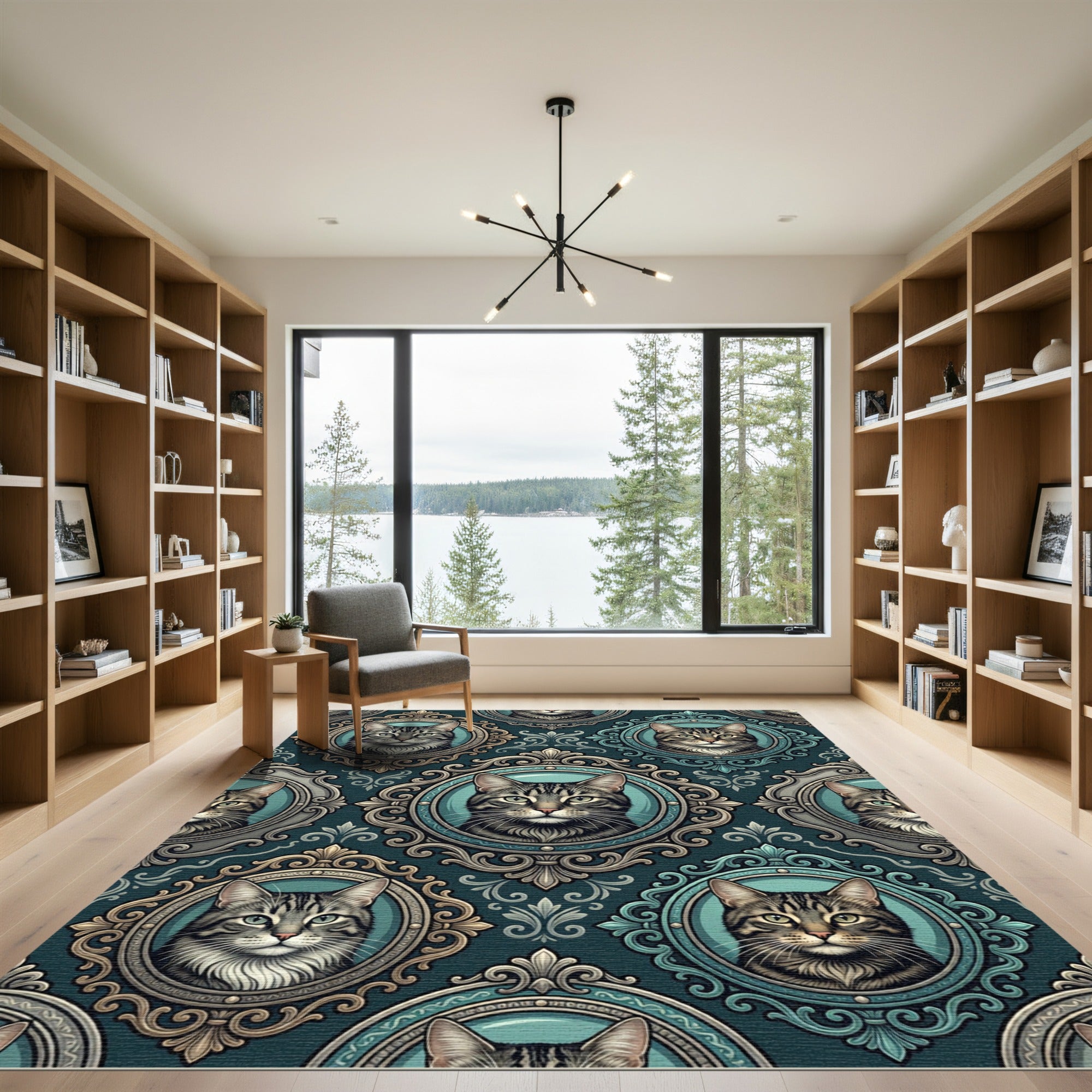 Ornate Teal Cat Portrait Frame Rug