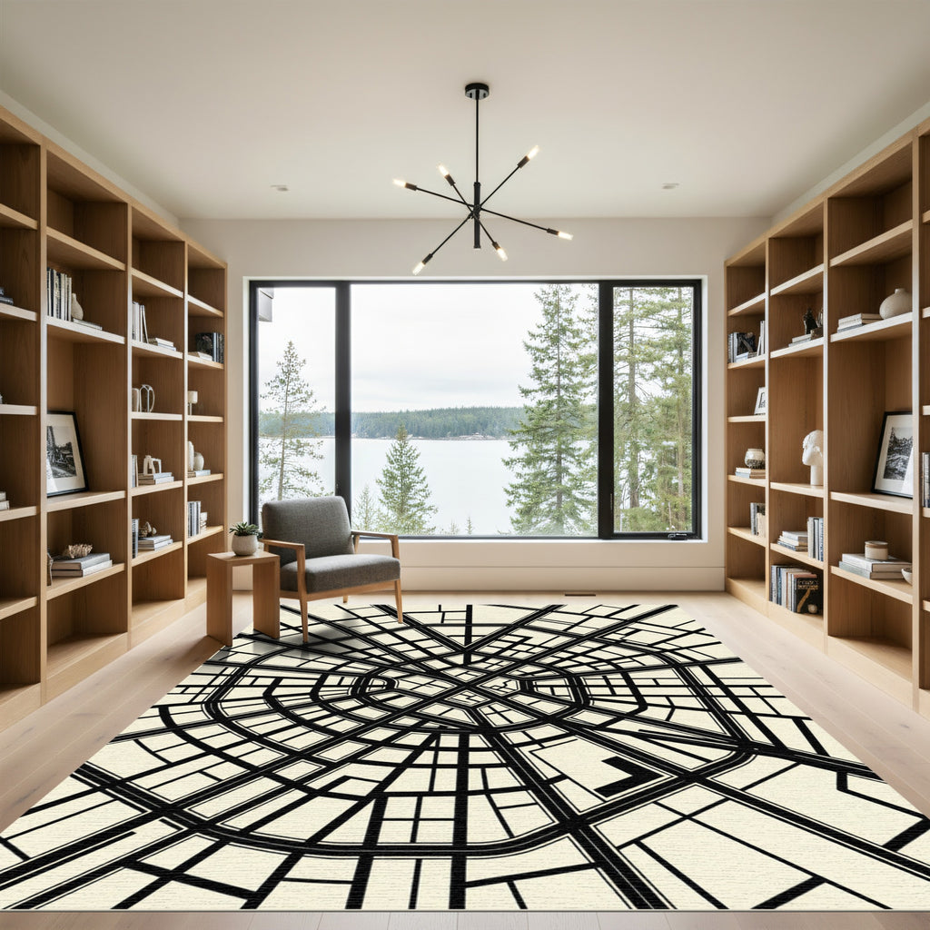 Monochrome Urban Radial Grid Map Rug