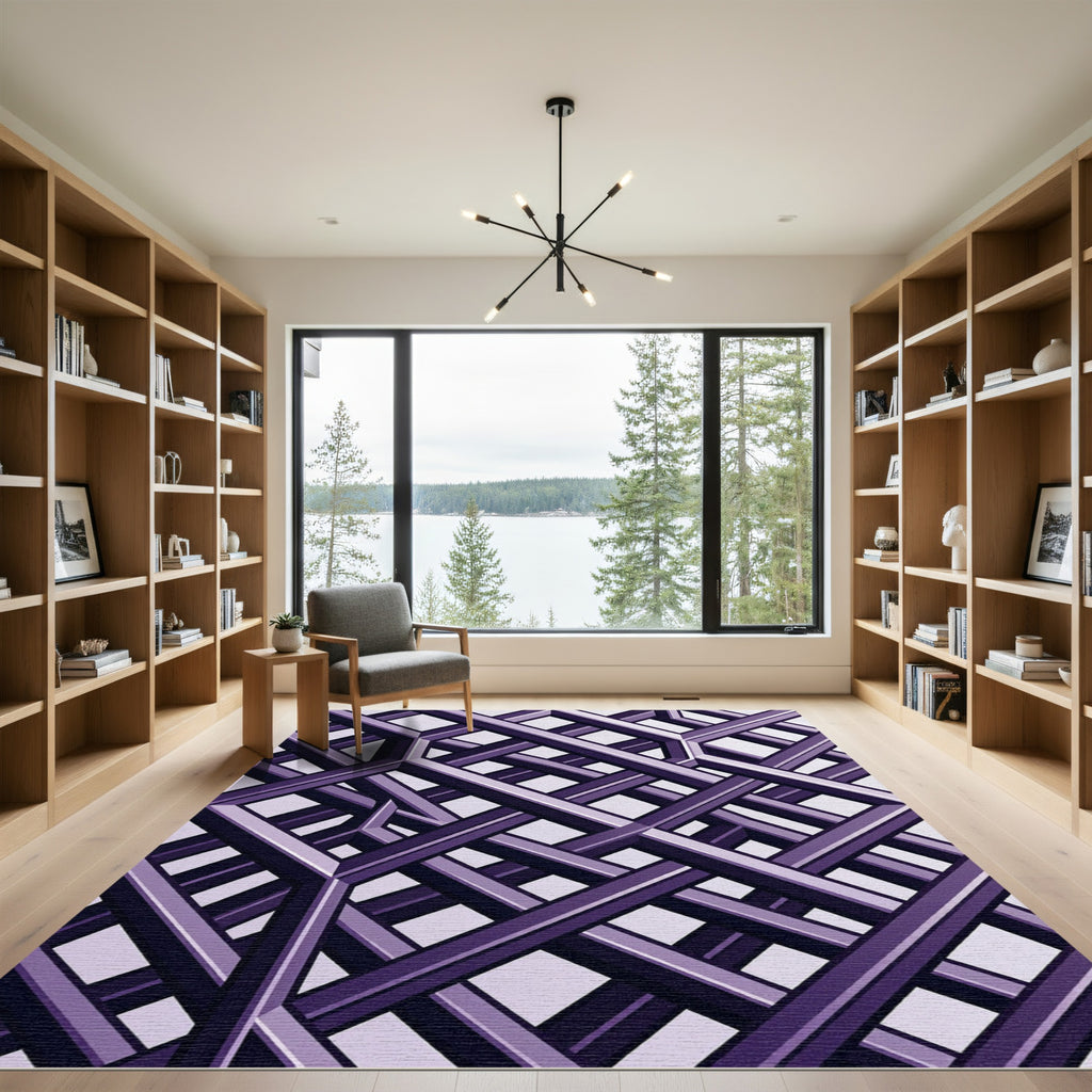 Sophisticated Violet Geometric Interlocking Grid Rug
