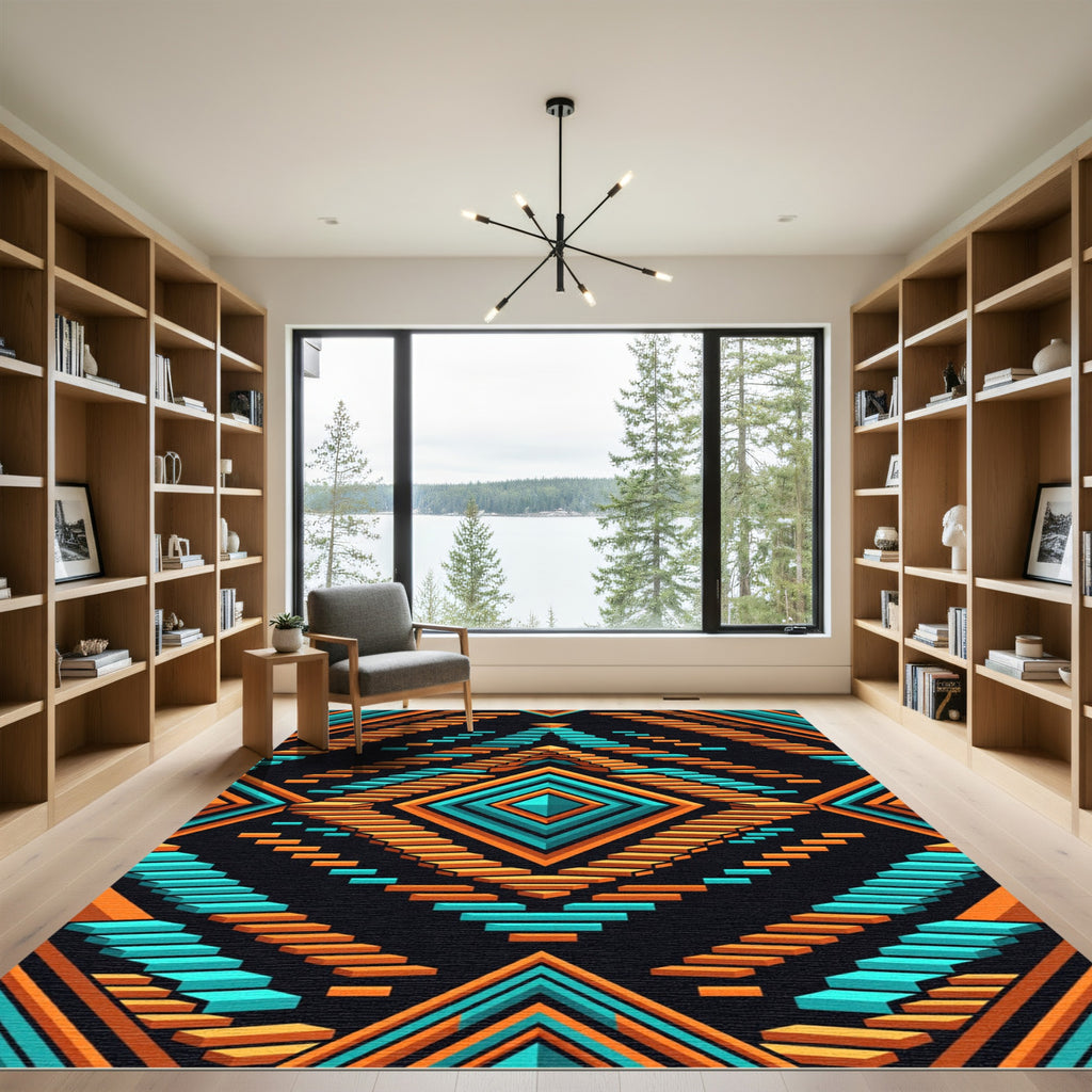 Teal and Tangerine Geometric Diamond Staircase Rug