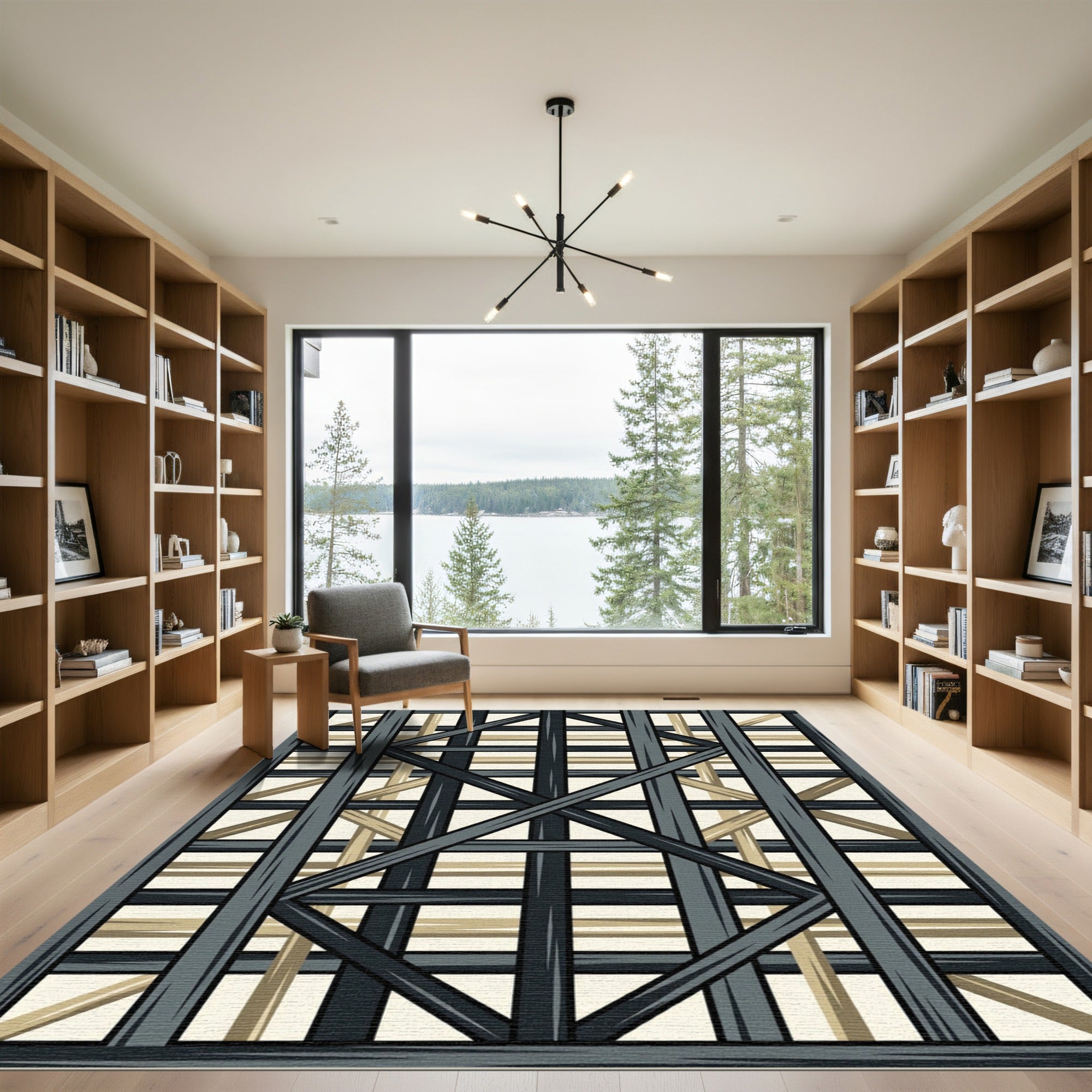 Geometric Lattice Dark Gray and Tan Rug