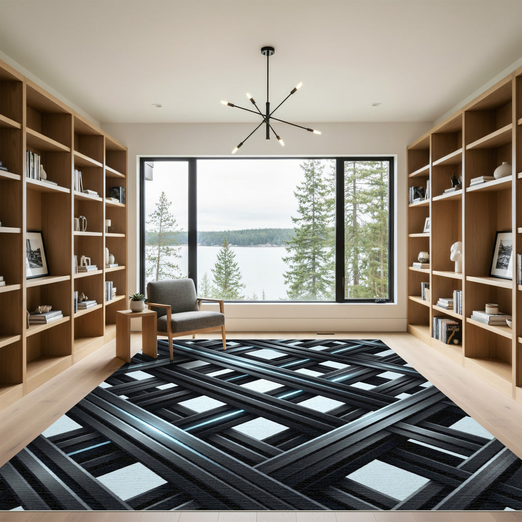 Modern Charcoal Metallic Interwoven Lattice Rug