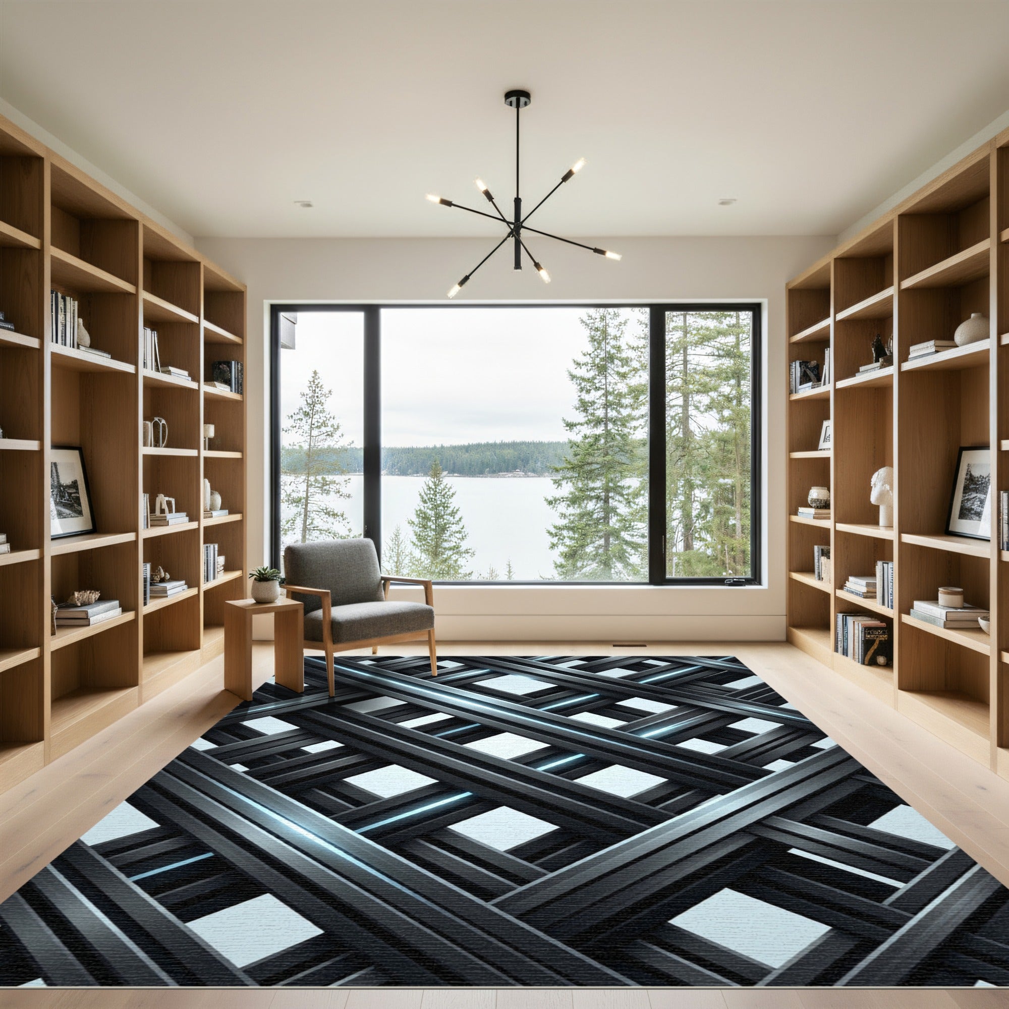 Modern Charcoal Metallic Interwoven Lattice Rug