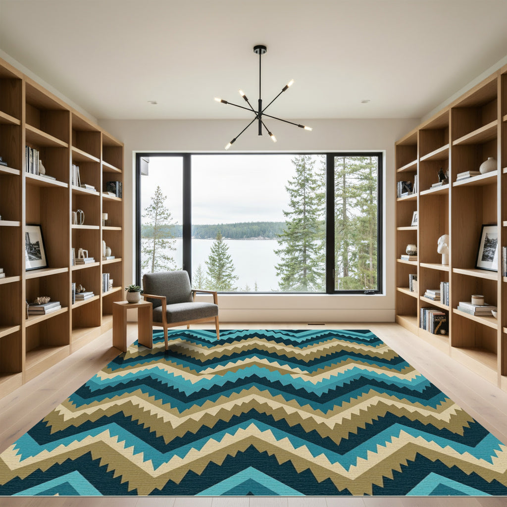 Teal and Tan Zigzag Geometric Stripe Rug