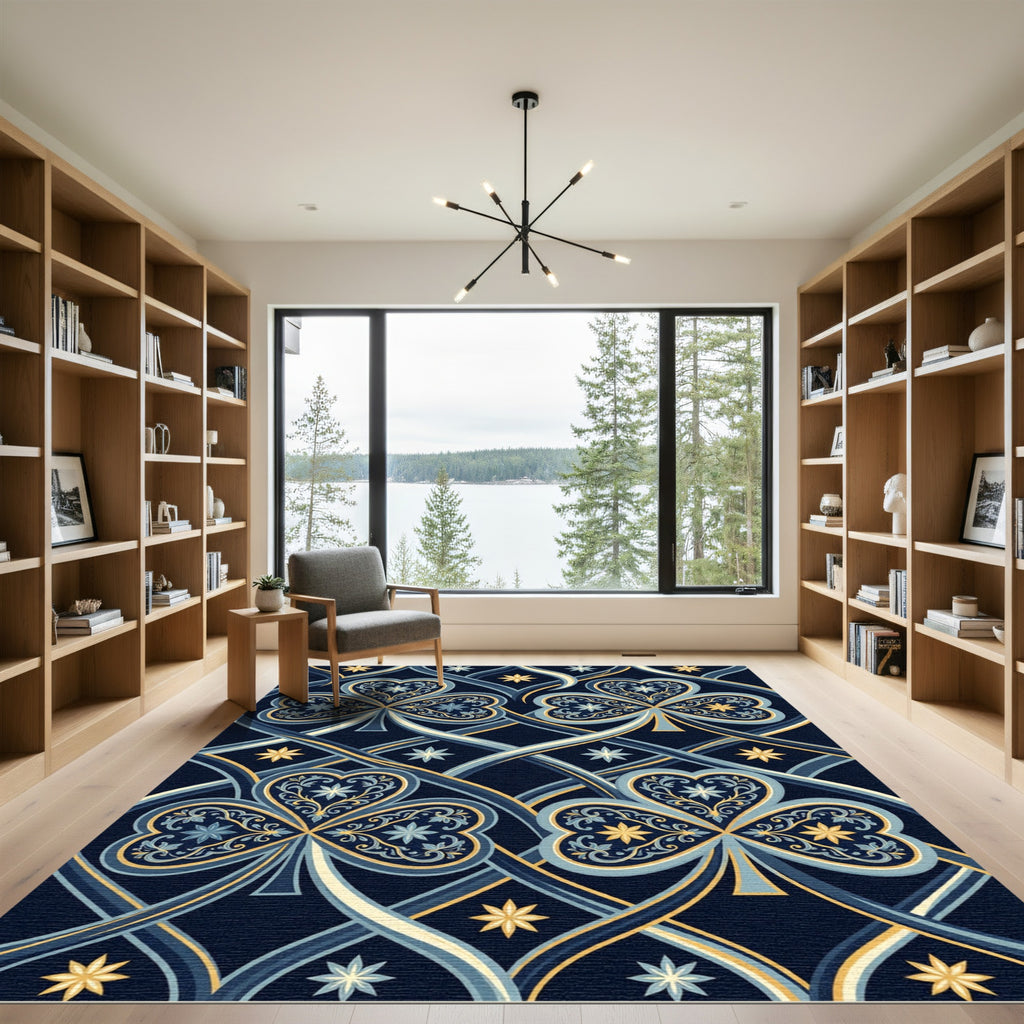 Ornate Navy Blue Clover Intertwined Gold Rug