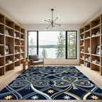 Ornate Navy Blue Clover Intertwined Gold Rug