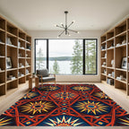 Vibrant Red Blue Sunburst Geometric Rug