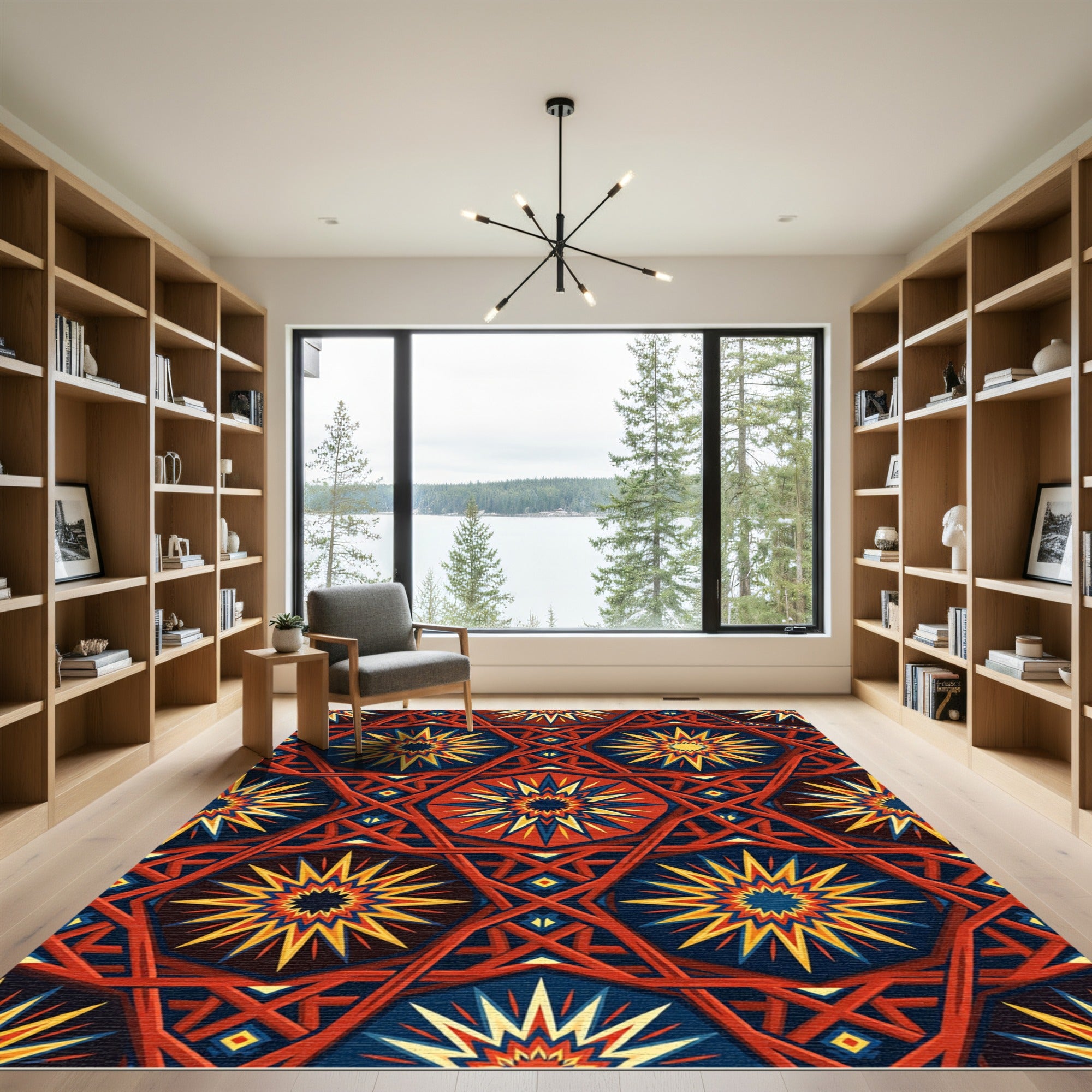 Vibrant Red Blue Sunburst Geometric Rug