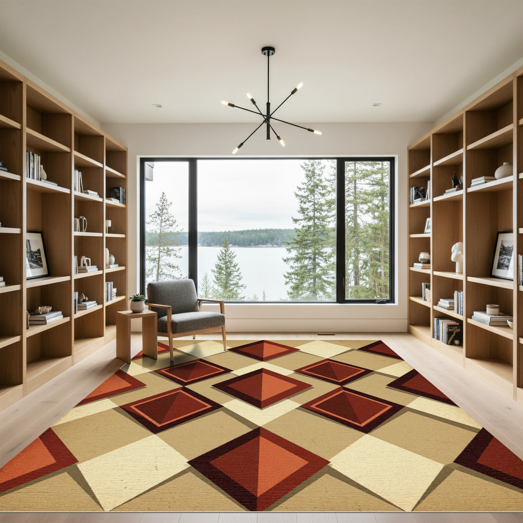 Geometric Terracotta and Cream Diamond Rug