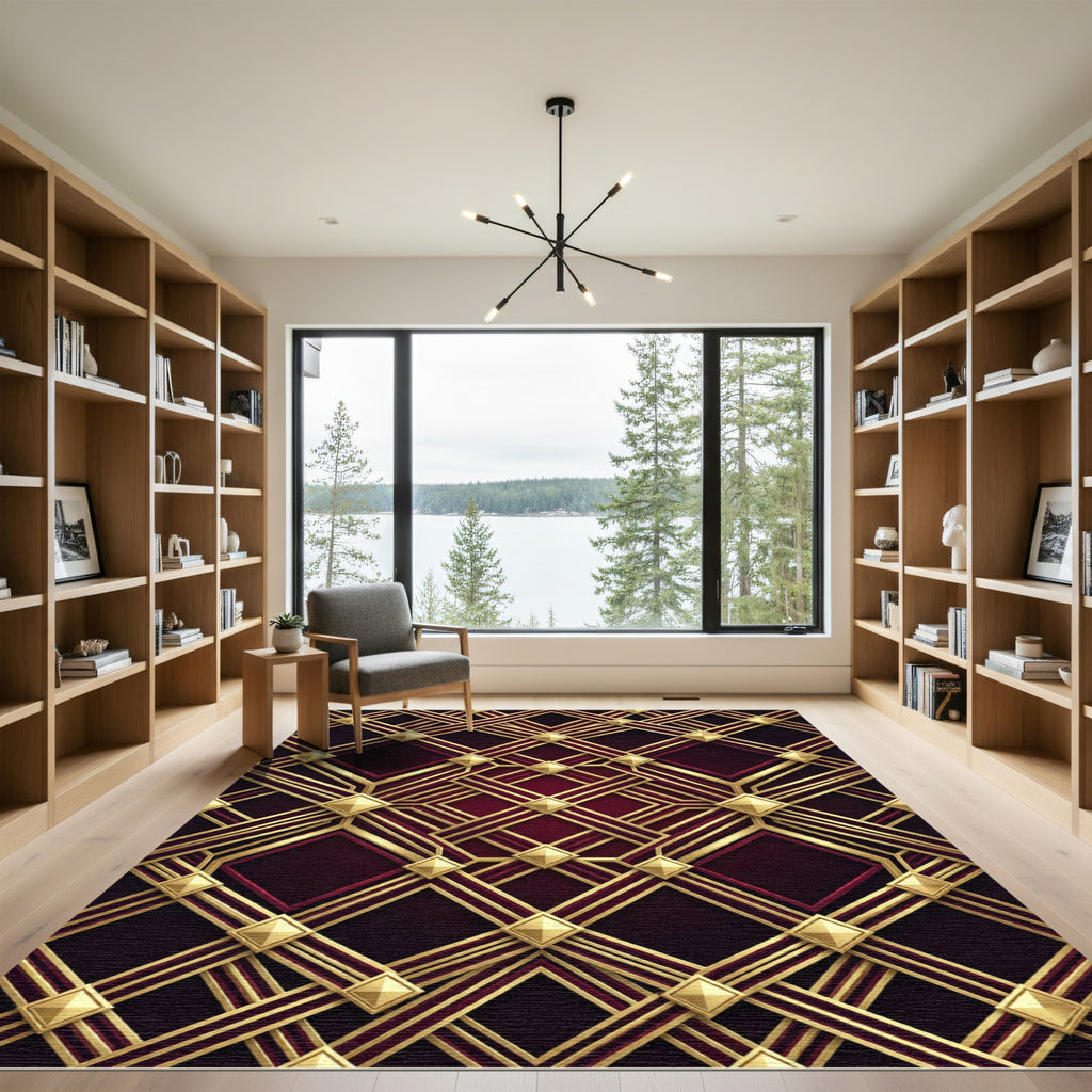 Art Deco Gold Lattice Burgundy Geometric Rug