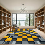 Yellow Gray Cube Grid Composition Rug