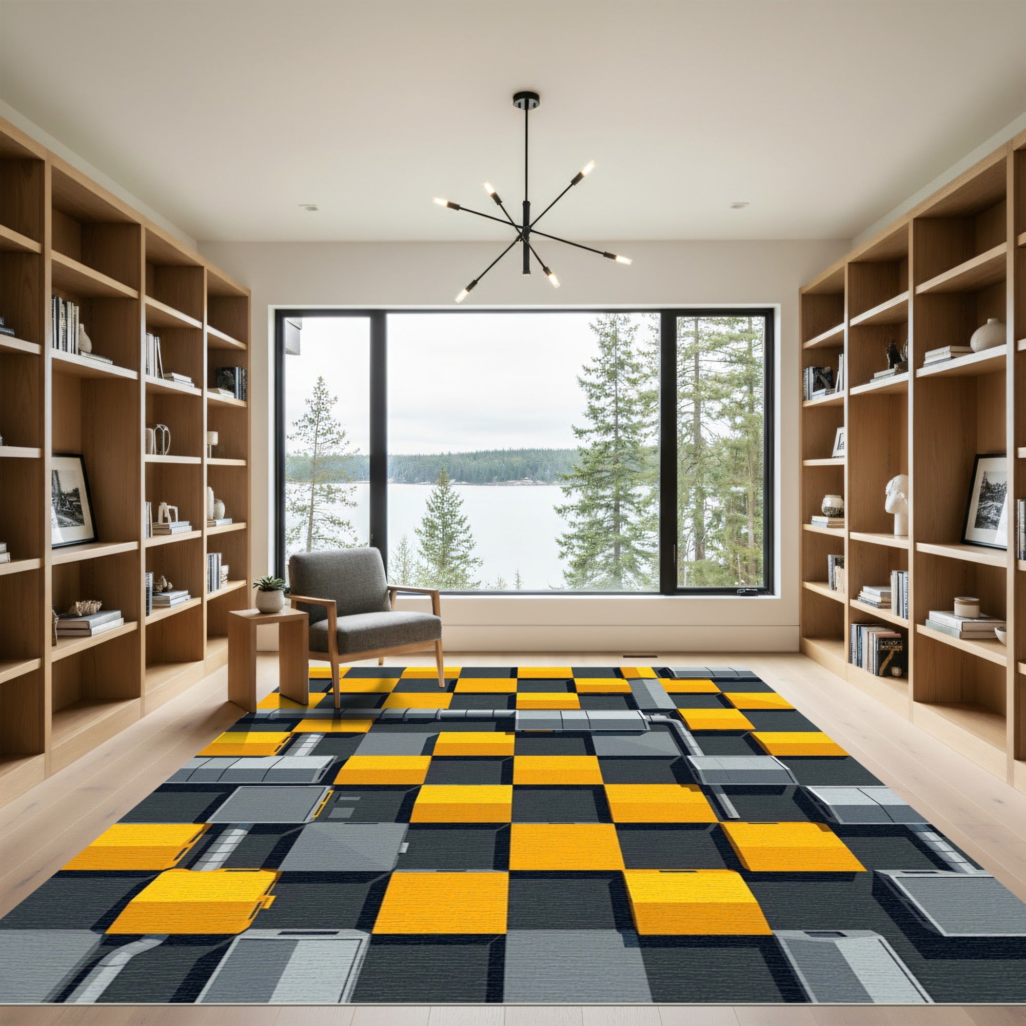 Yellow Gray Cube Grid Composition Rug