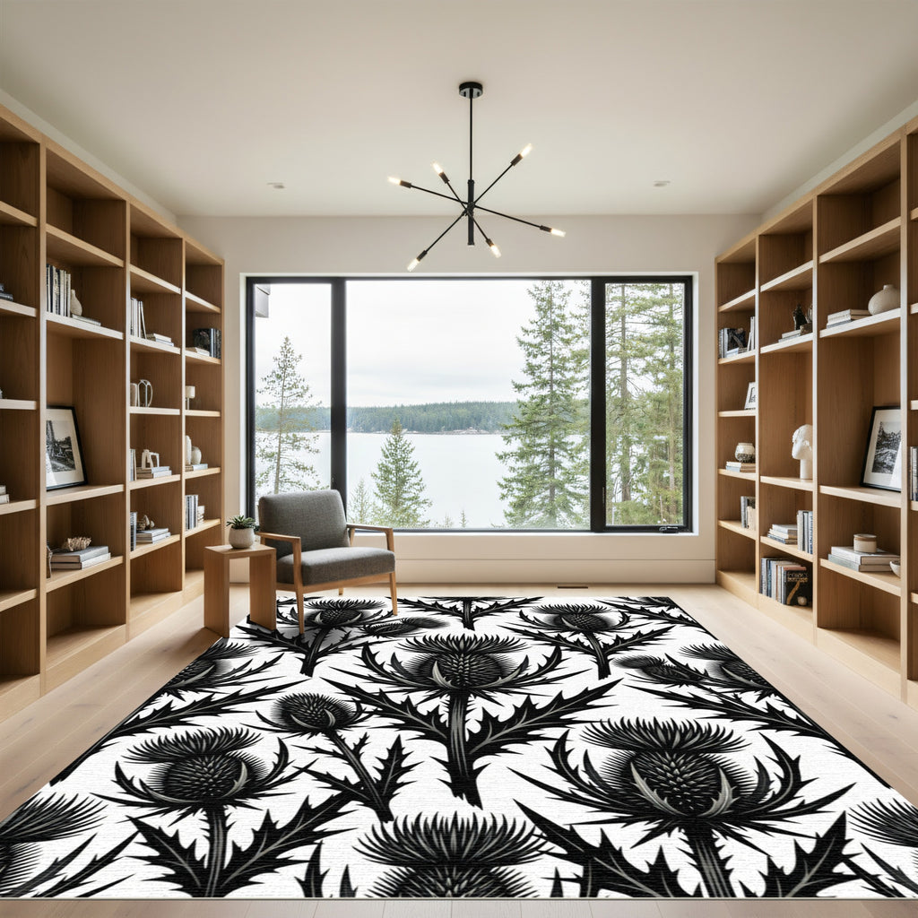 Monochrome Botanical Thistle Black White Rug