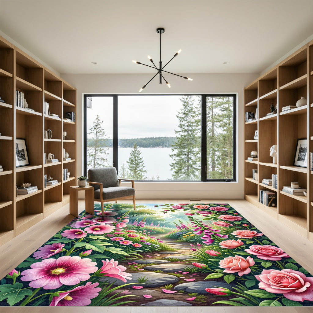 Enchanted Pink Floral Garden Path Rug