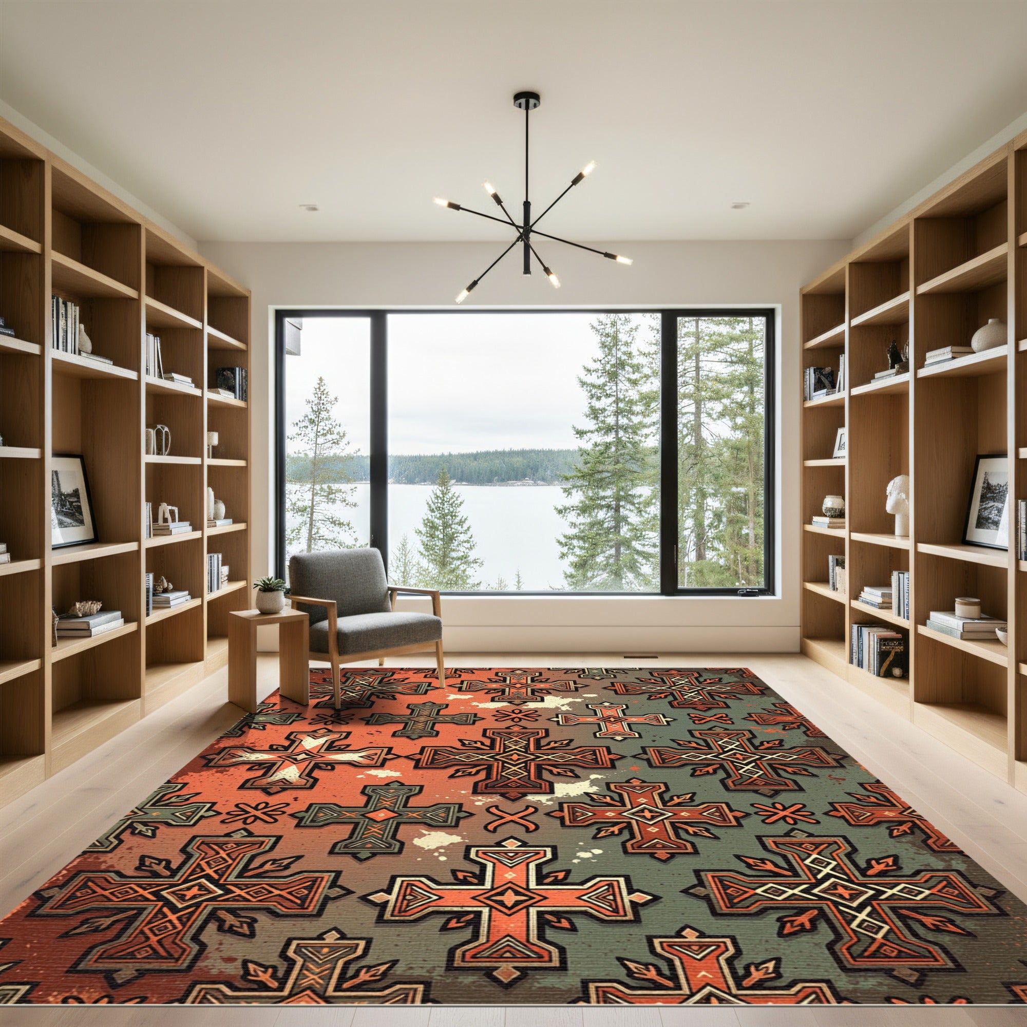 Tribal Cross Orange Olive Geometric Rug