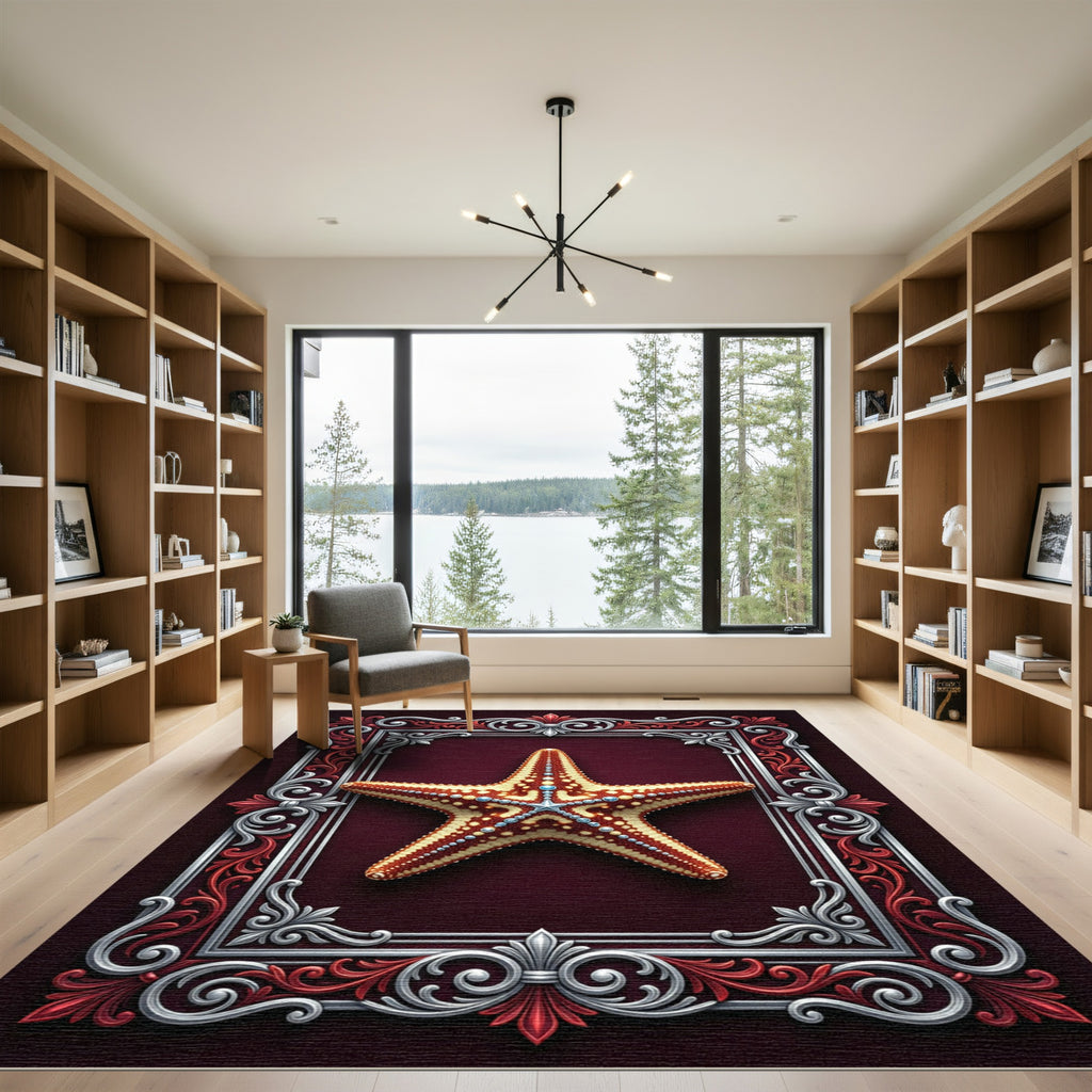 Ornate Deep Burgundy Starfish Frame Rug