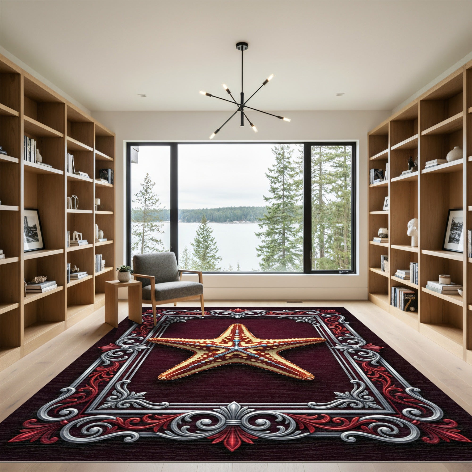 Ornate Deep Burgundy Starfish Frame Rug