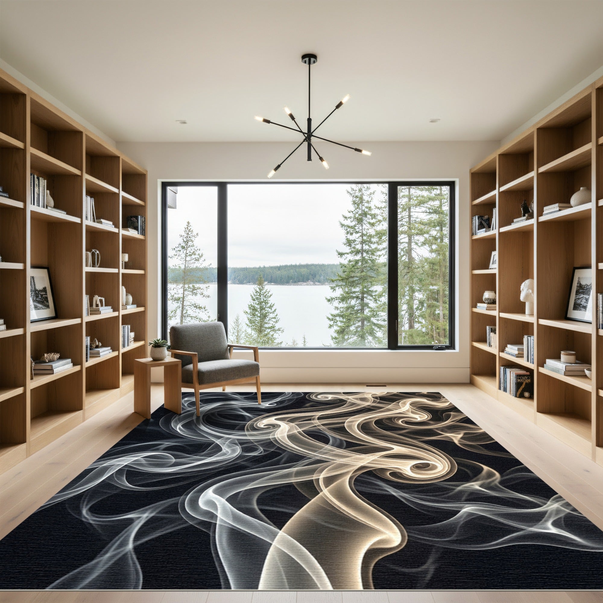 Ethereal Smoke Swirls on Black Rug